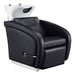 DIR Anode Salon Shampoo Chairs with Adjustable Leg Black Front Angled View With White Single Shampoo Wash Station