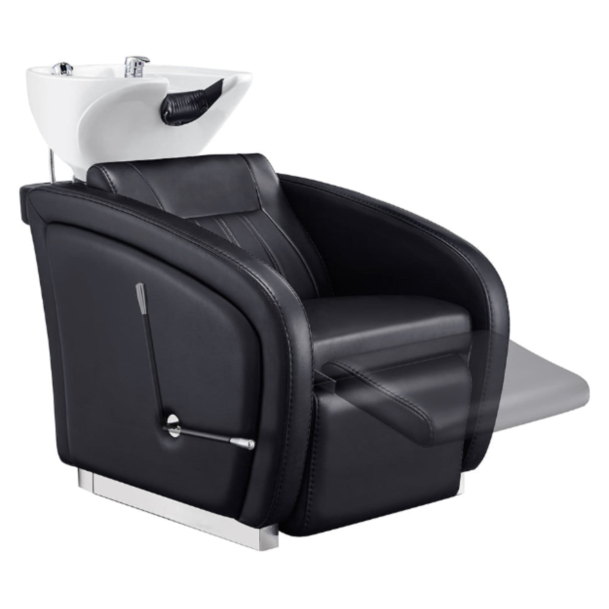 DIR Anode Salon Shampoo Chairs with Adjustable Leg Black Front Angled View With White Single Sink Station With Blurred Leg Rest Demonstration
