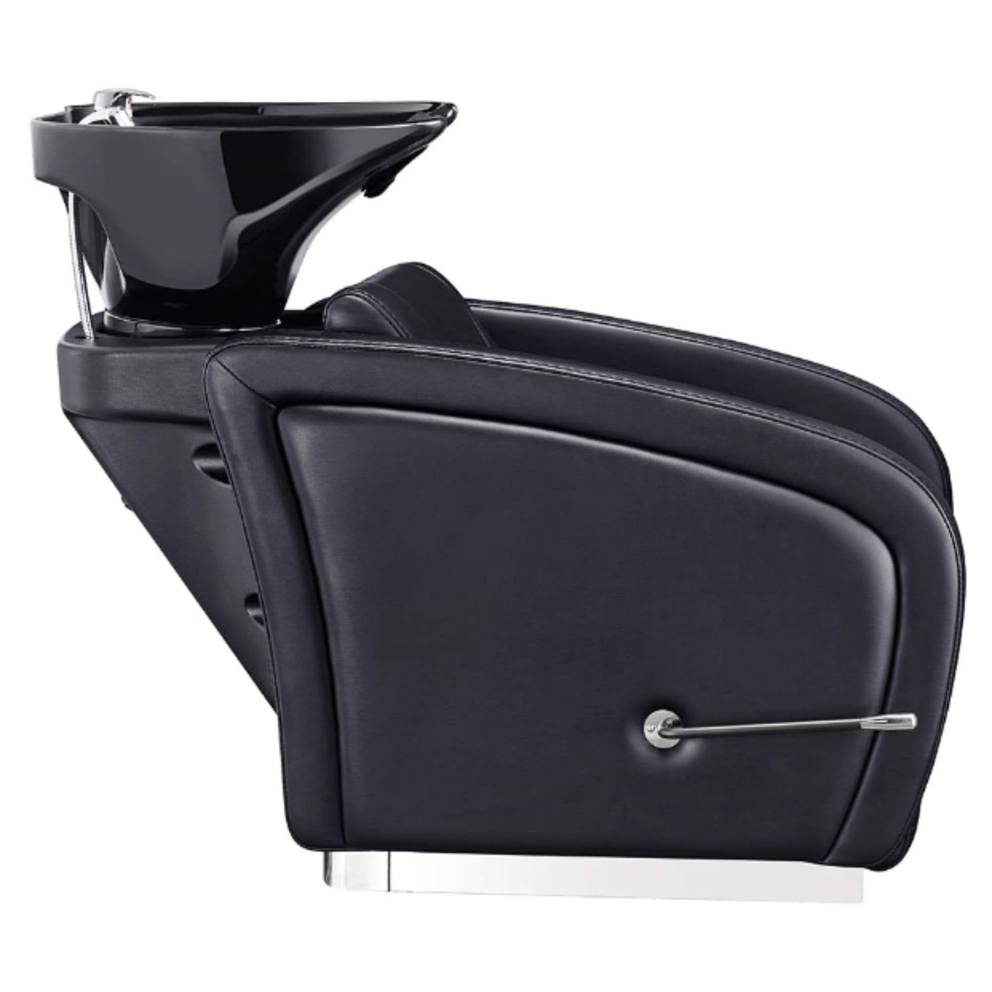 DIR Anode Salon Shampoo Chairs with Adjustable Leg Black Side View With Black Single Wash Sink On Clean Background