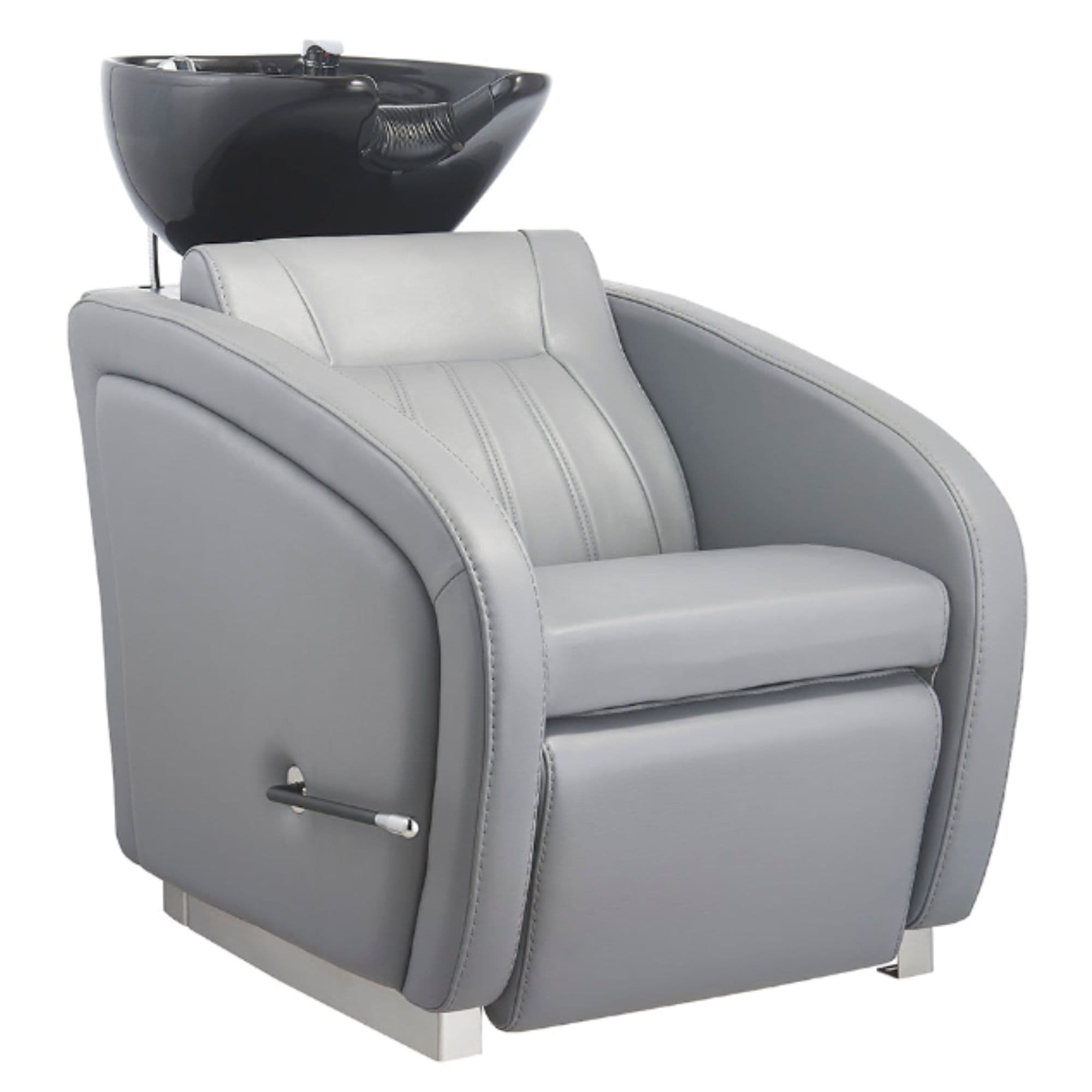 DIR Anode Salon Shampoo Chairs with Adjustable Leg Gray Front Angled View With Black Single Shampoo Wash Station