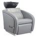 DIR Anode Salon Shampoo Chairs with Adjustable Leg Gray Front Angled View With Black Single Shampoo Wash Station