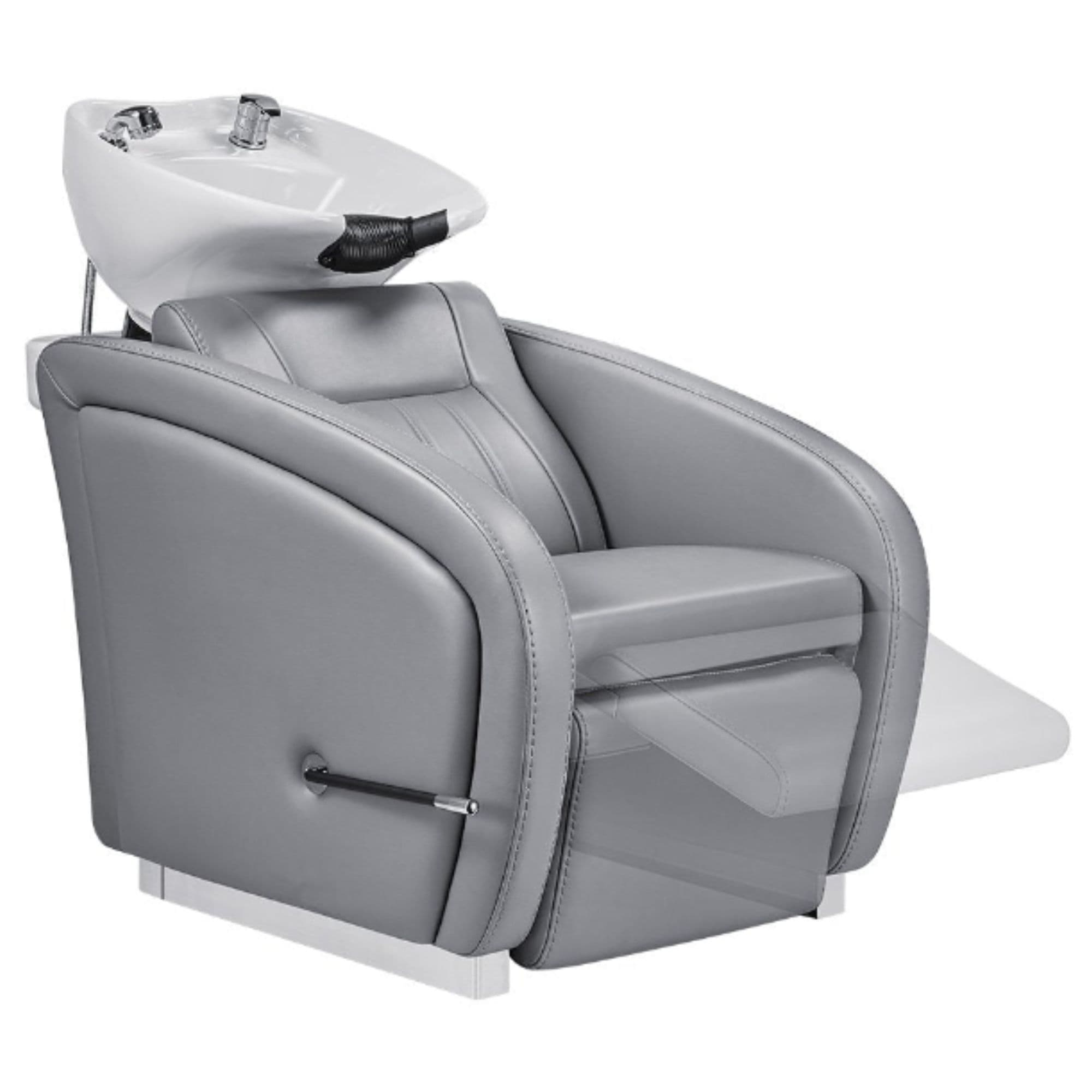 DIR Anode Salon Shampoo Chairs with Adjustable Leg Gray Front Angled View With White Single Sink And Blurred Leg Rest Demonstration