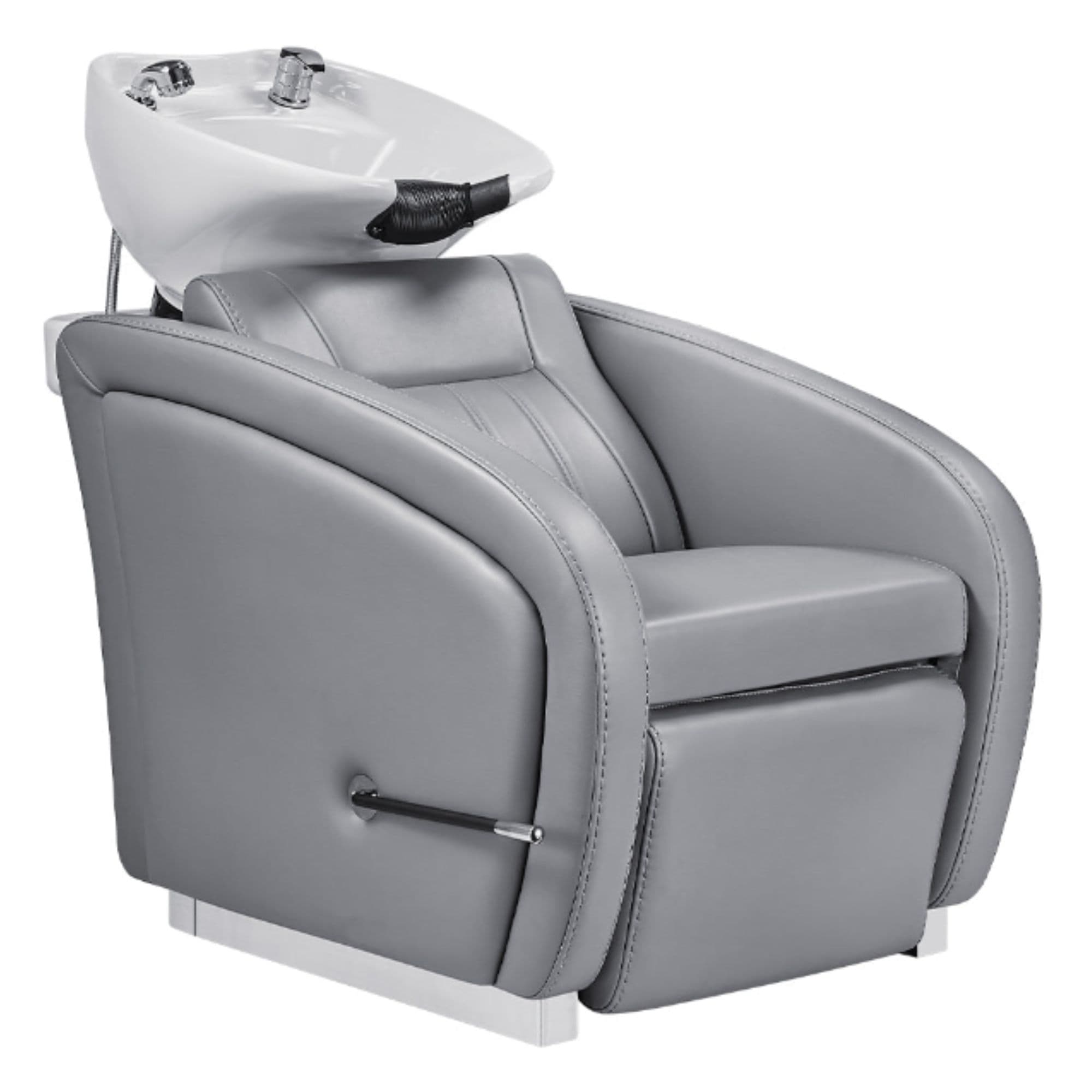 DIR Anode Salon Shampoo Chairs with Adjustable Leg Gray Front Angled View With White Single Sink On White Background
