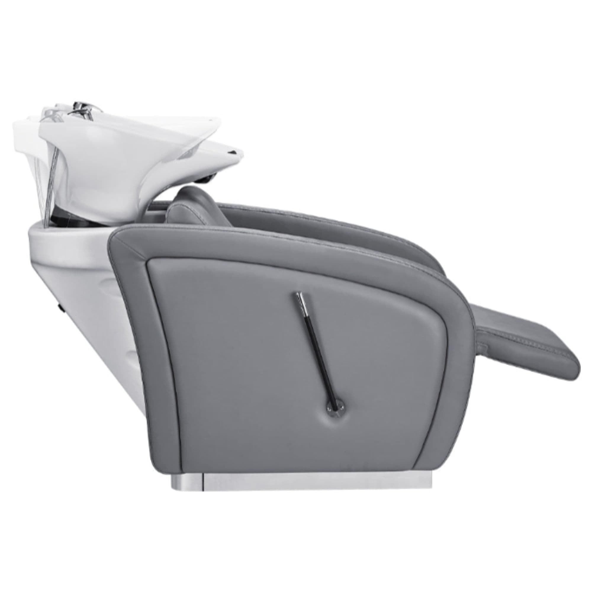 DIR Anode Salon Shampoo Chairs with Adjustable Leg Gray Side View With Demo Of White Single Wash Sink On Clean Background