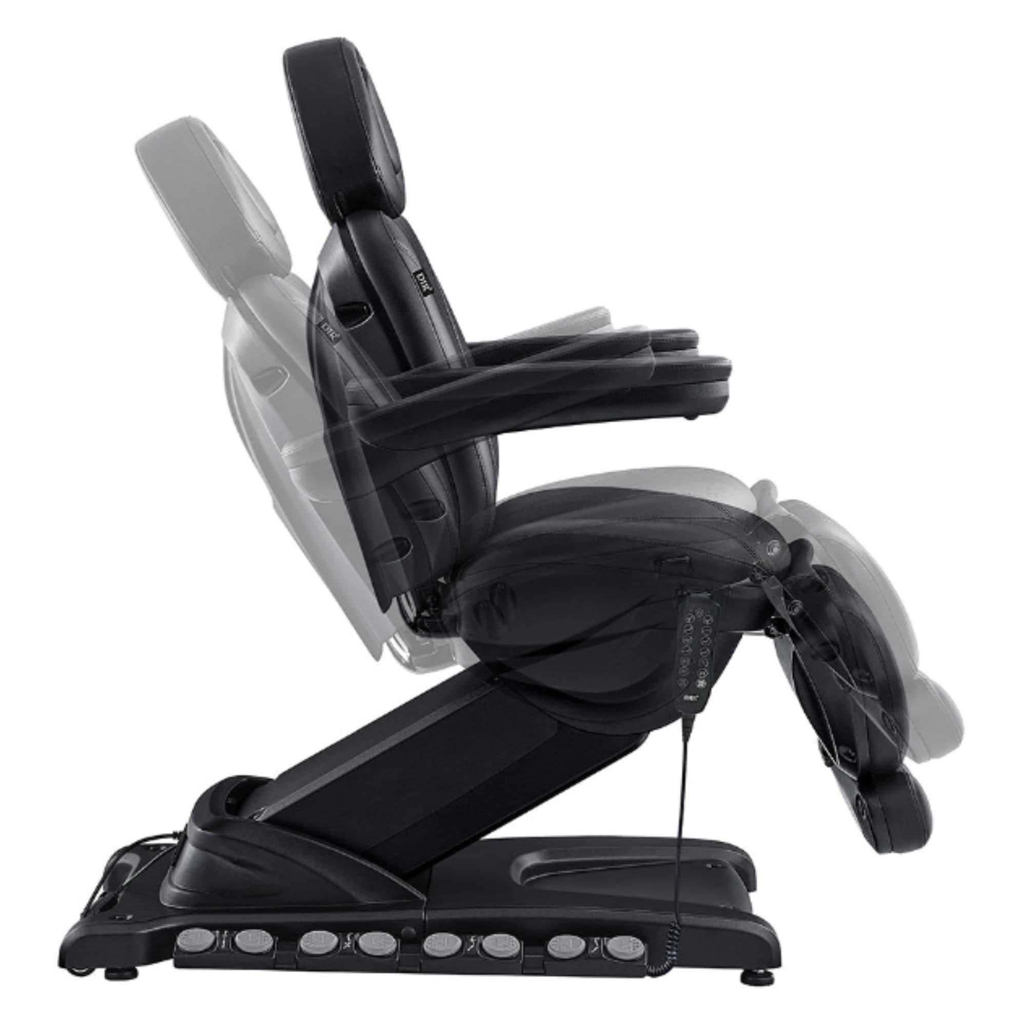 DIR Apollo 4-Motor Heated Medical Spa Chair Black Variant Side View Demonstrating Chair Adjustment Positions On White Background