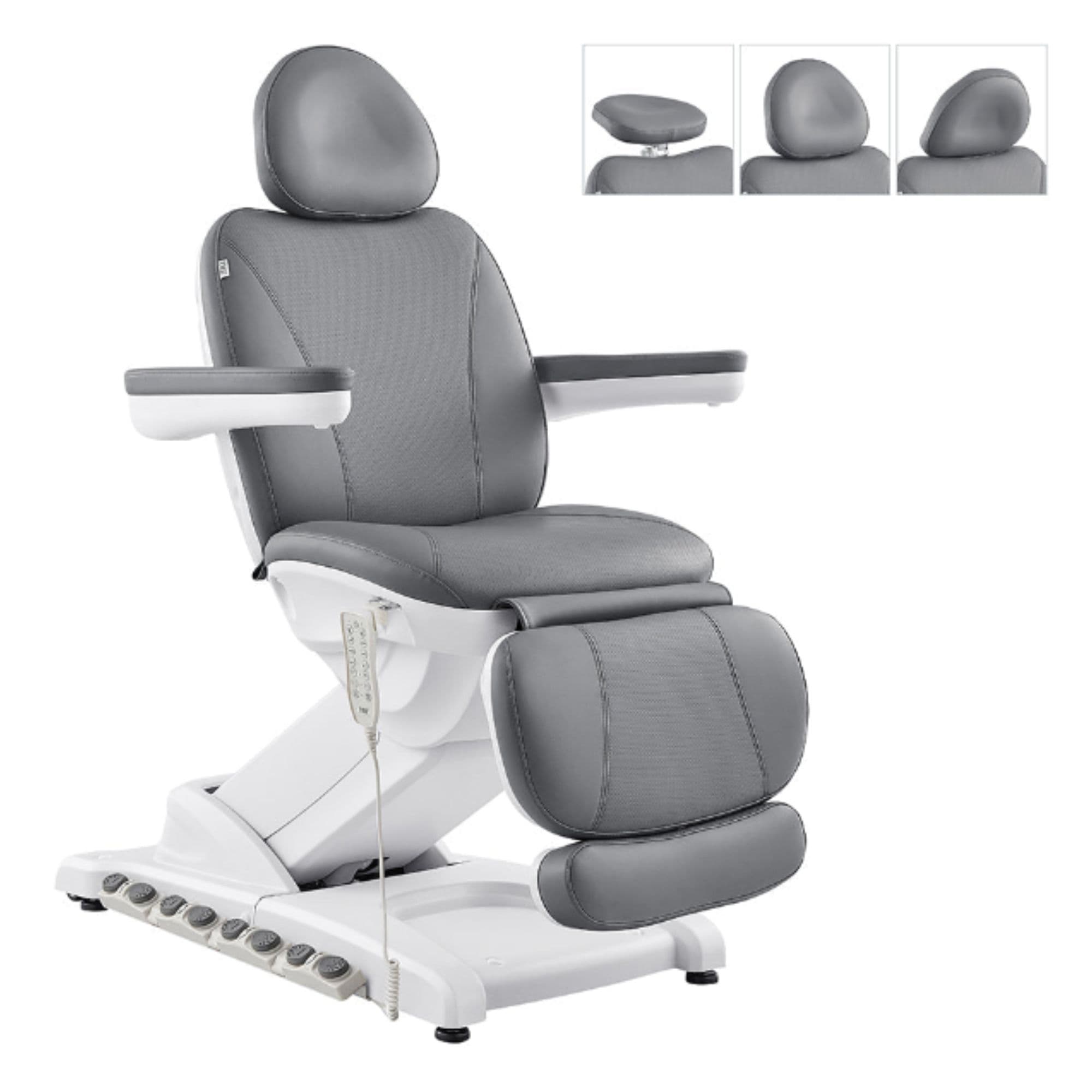 DIR Apollo 4-Motor Heated Medical Spa Chair Gray Variant Front Angled View With Adjustable Headrest Options On White Background