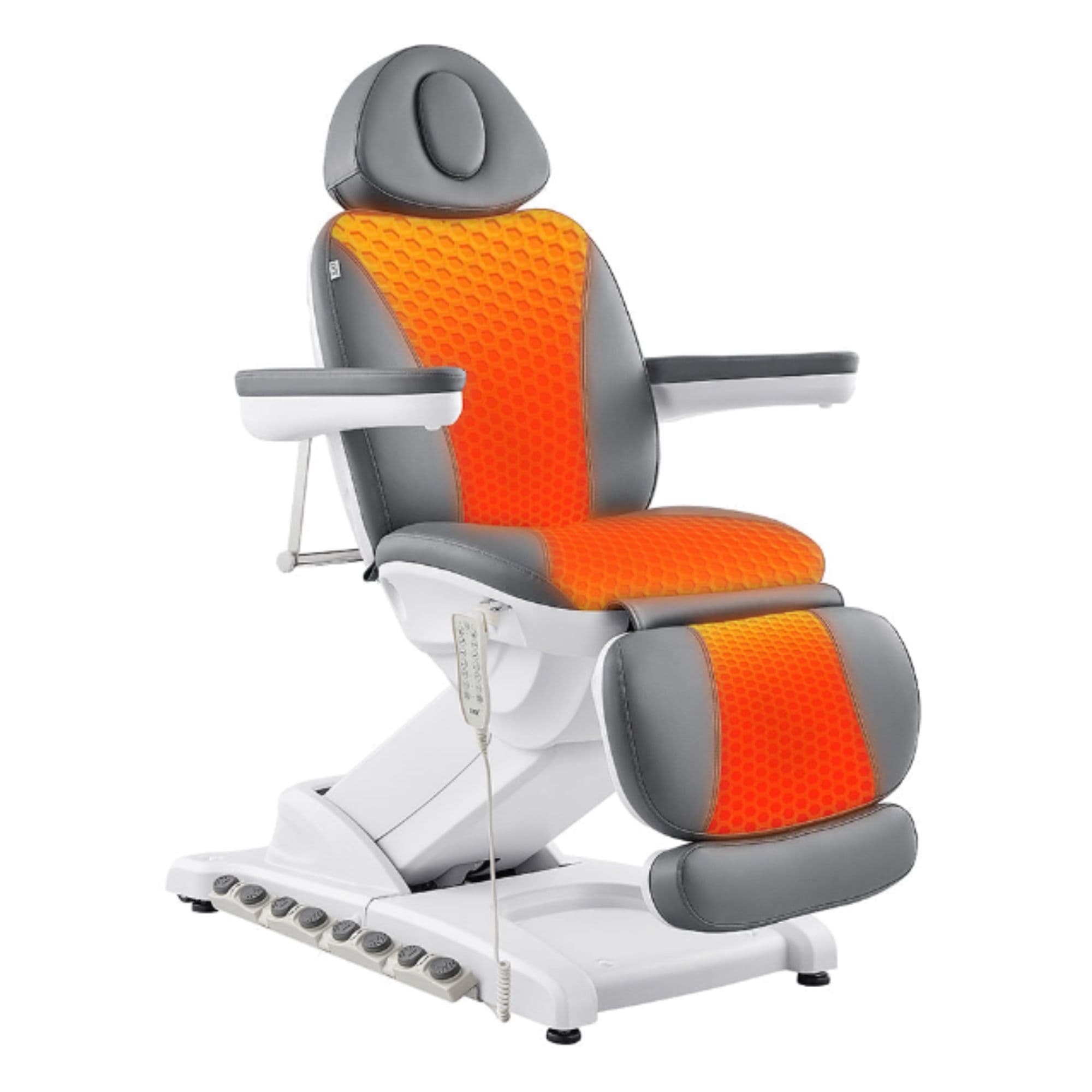 DIR Apollo 4-Motor Heated Medical Spa Chair Gray Variant Front Angled View With Heat Therapy Cushion Areas Highlighted