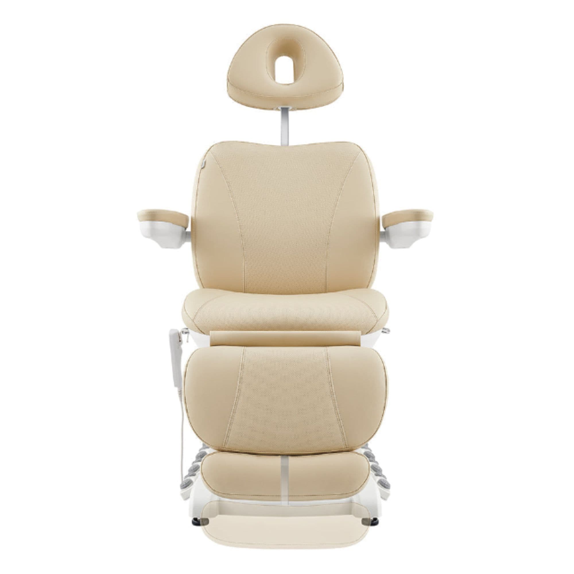 DIR Apollo 4-Motors Thermo Heated Med Spa Treatment Chair Beige Variant Front View With Raised Headrest On White Background