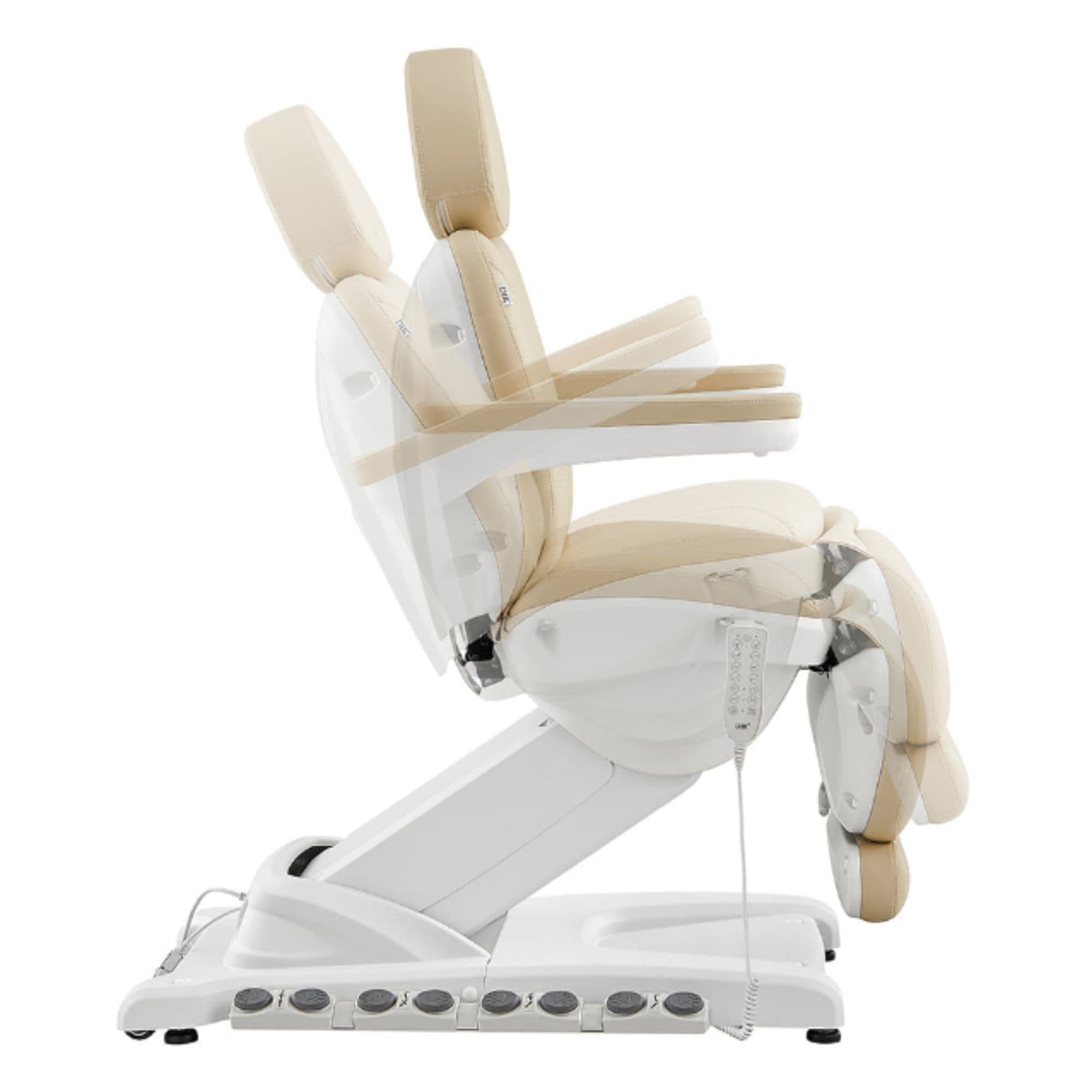 DIR Apollo 4-Motors Thermo Heated Med Spa Treatment Chair Beige Variant Side View Demonstrating Chair Adjustment Positions On White Background