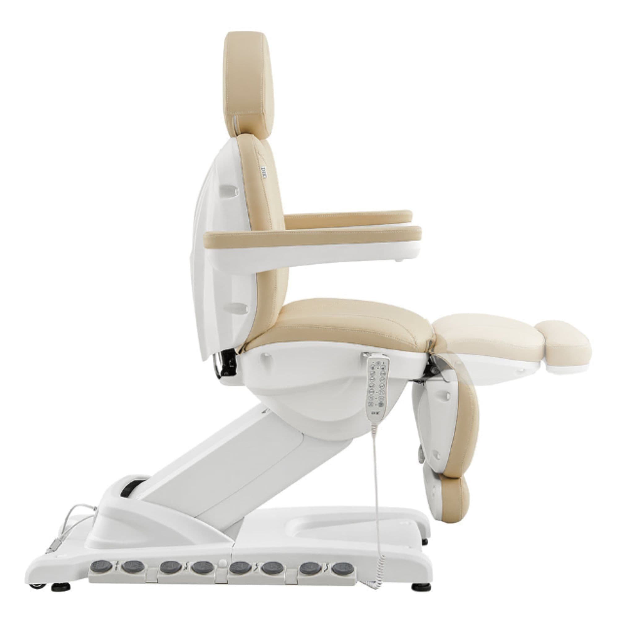 DIR Apollo 4-Motors Thermo Heated Med Spa Treatment Chair Beige Variant Side View Showing Extendable Footrest Positions On White Background