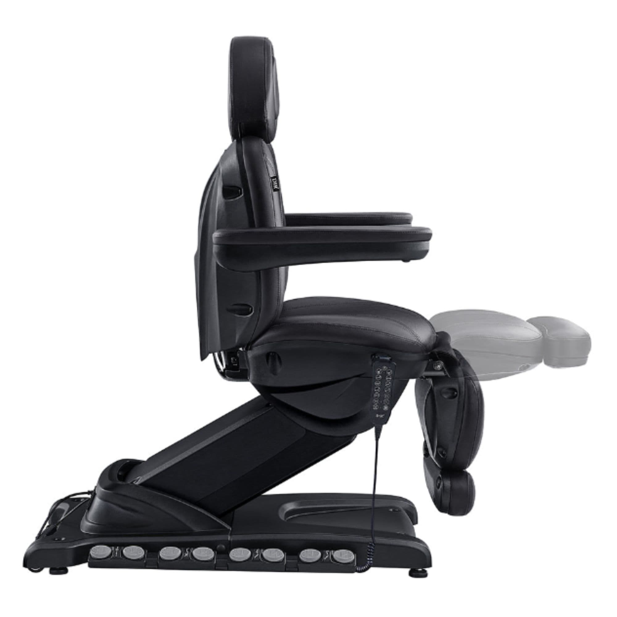 DIR Apollo 4-Motors Thermo Heated Med Spa Treatment Chair Black Variant Side View Showing Extendable Footrest Positions On White Background