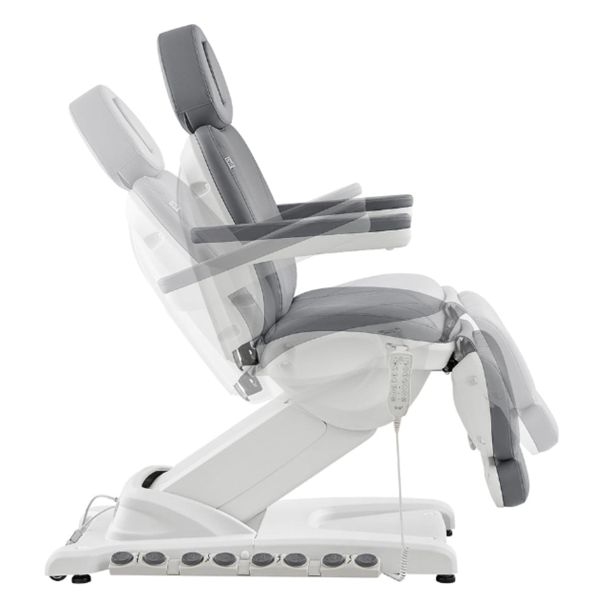 DIR Apollo 4-Motors Thermo Heated Med Spa Treatment Chair Gray Variant Side View Demonstrating Chair Adjustment Positions On White Background