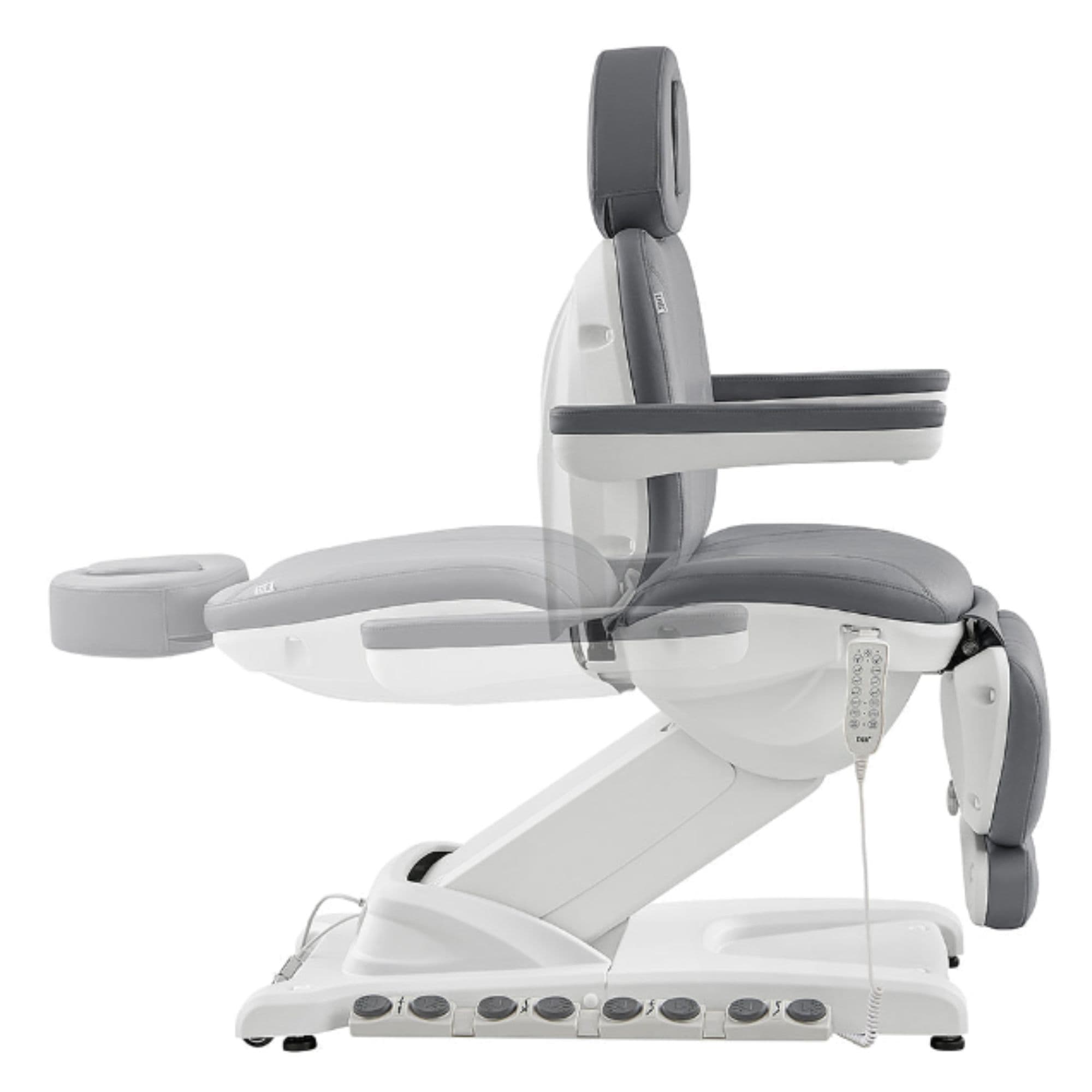 DIR Apollo 4-Motors Thermo Heated Med Spa Treatment Chair Gray Variant Side View Demonstrating Recline Adjustment Range On White Background