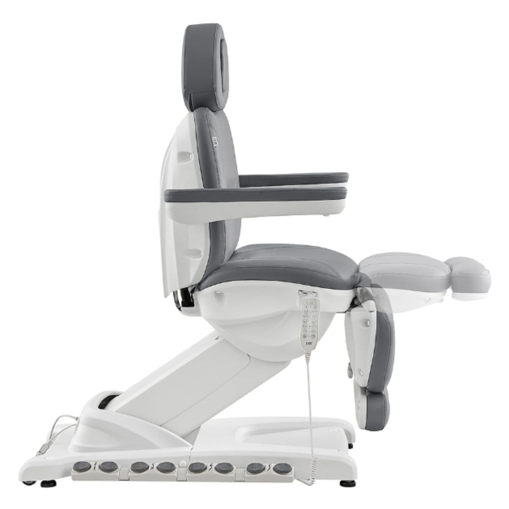 DIR Apollo 4-Motors Thermo Heated Med Spa Treatment Chair Gray Variant Side View Showing Extendable Footrest Positions On White Background