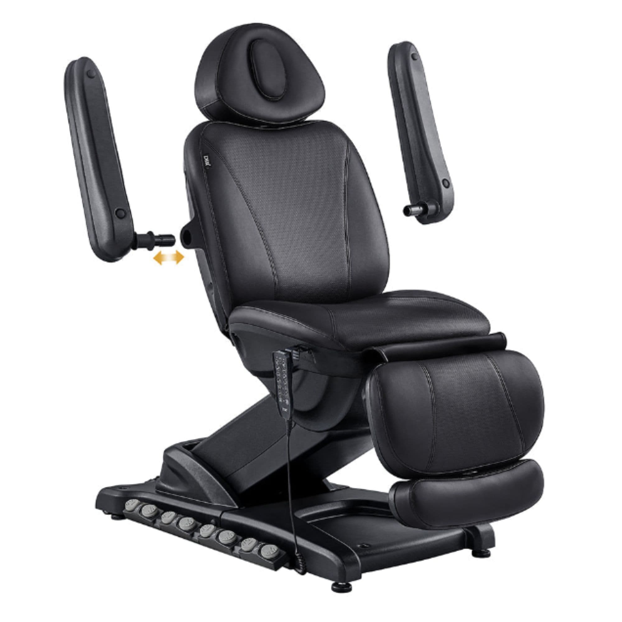 DIR Apollo 4-Motors Thermo Heated Treatment Chair Black Variant Front Angled View Showing Adjustable Armrest Positions On White Background