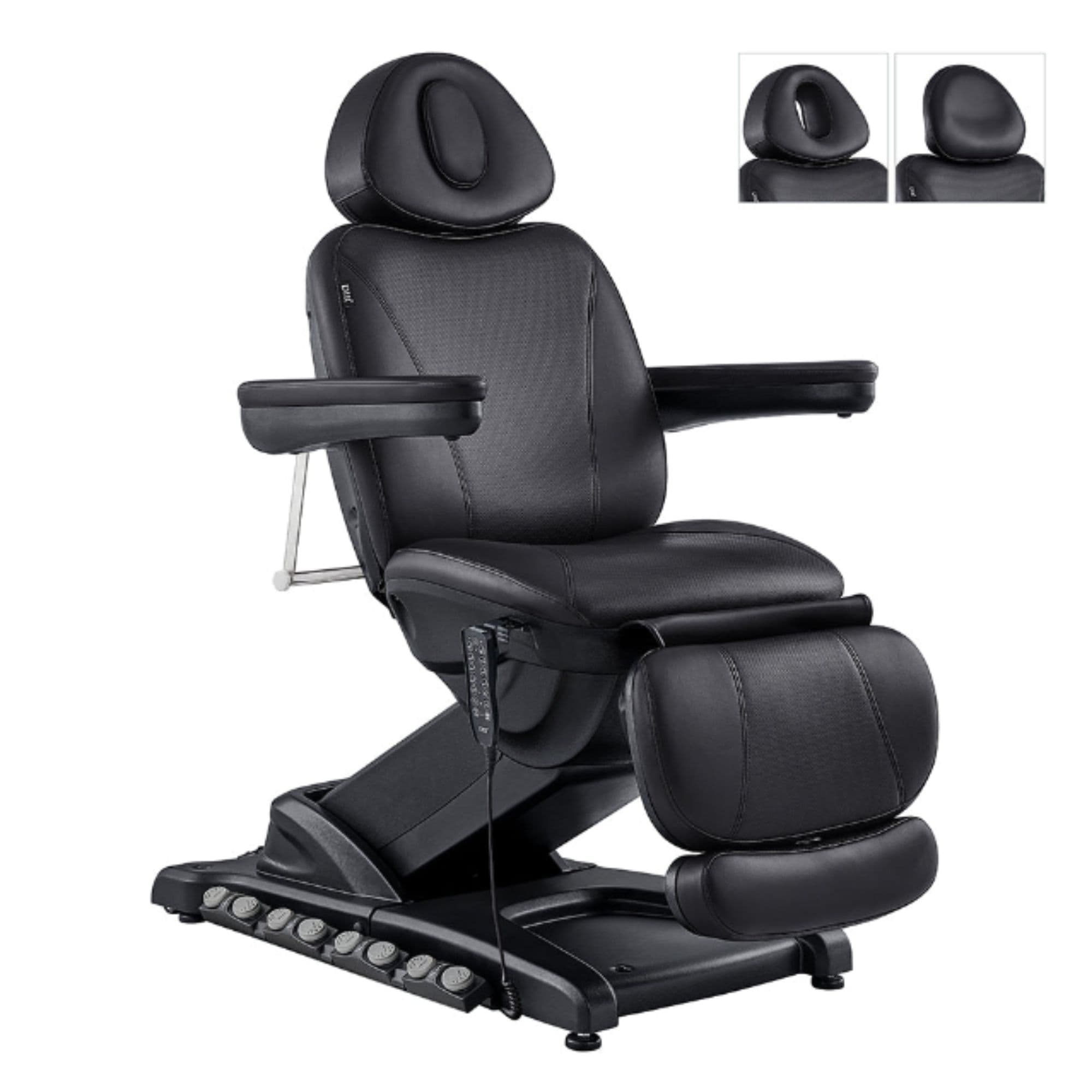 DIR Apollo 4-Motors Thermo Heated Treatment Chair Black Variant Front Angled View With Detachable Headrest Options On White Background