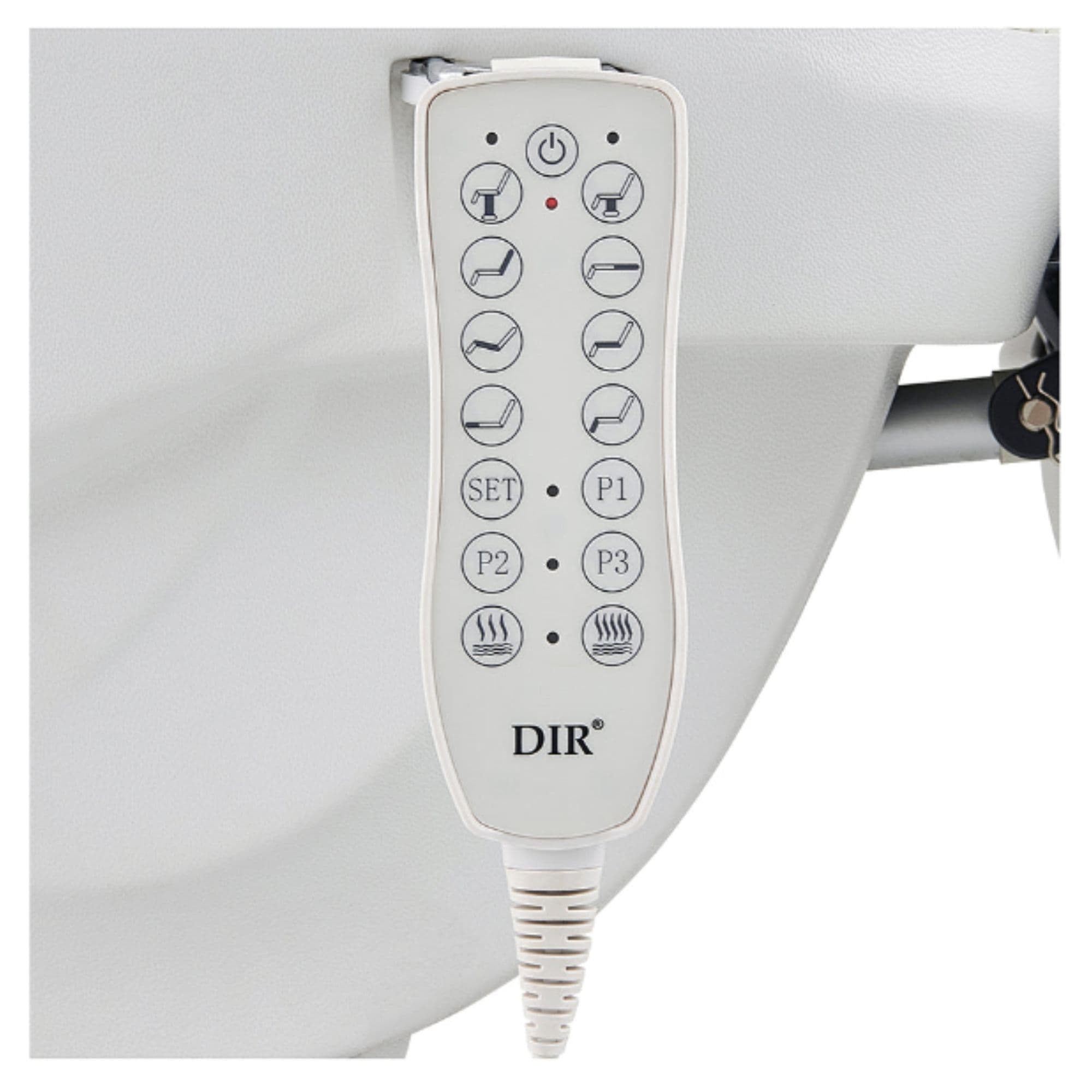 DIR Apollo 4-Motors Thermo Heated Treatment Chair Close-Up View Of Remote Control For Gray Variant