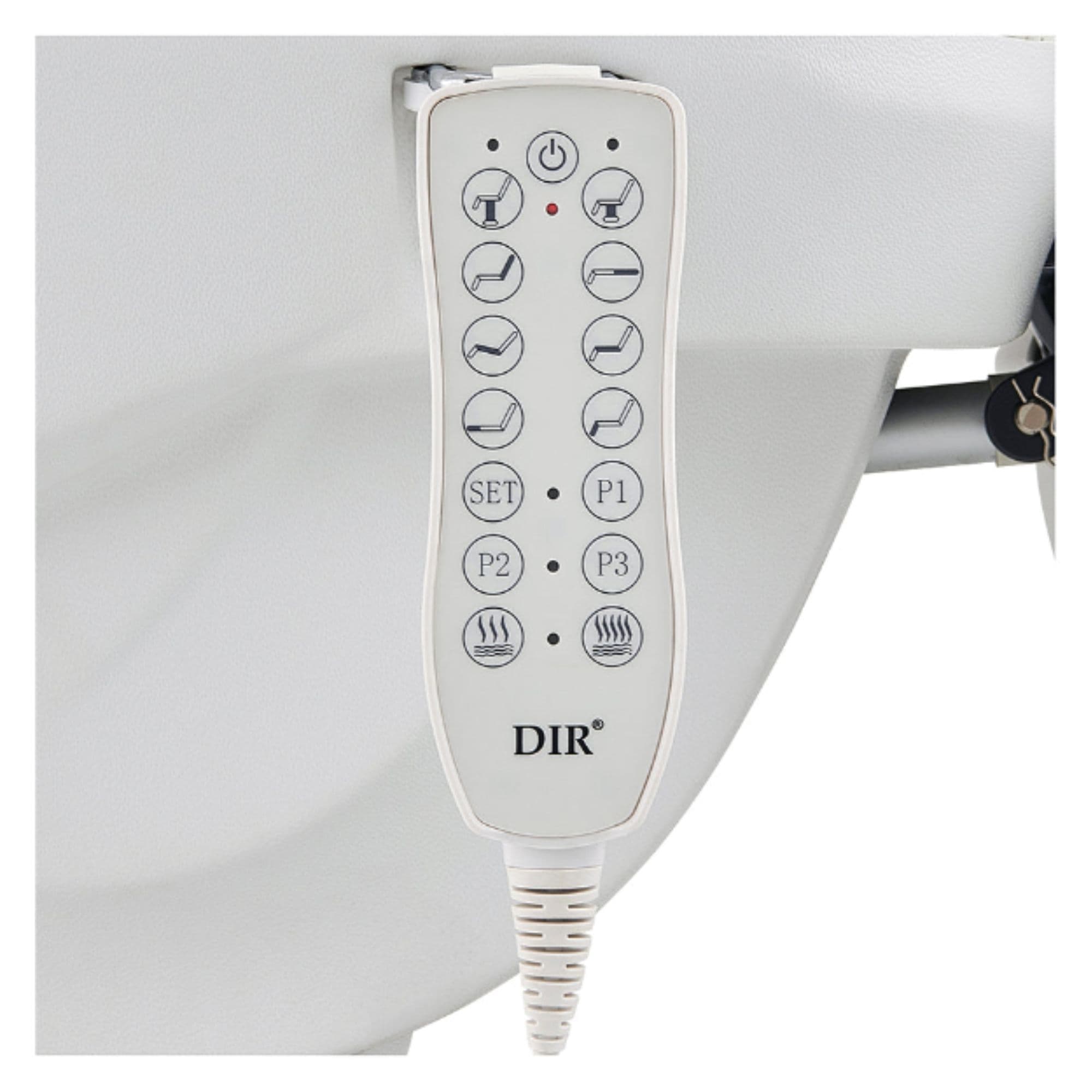DIR Apollo 4-Motors Thermo Heated Treatment Chair Close-Up View Of Remote Control For White Variant