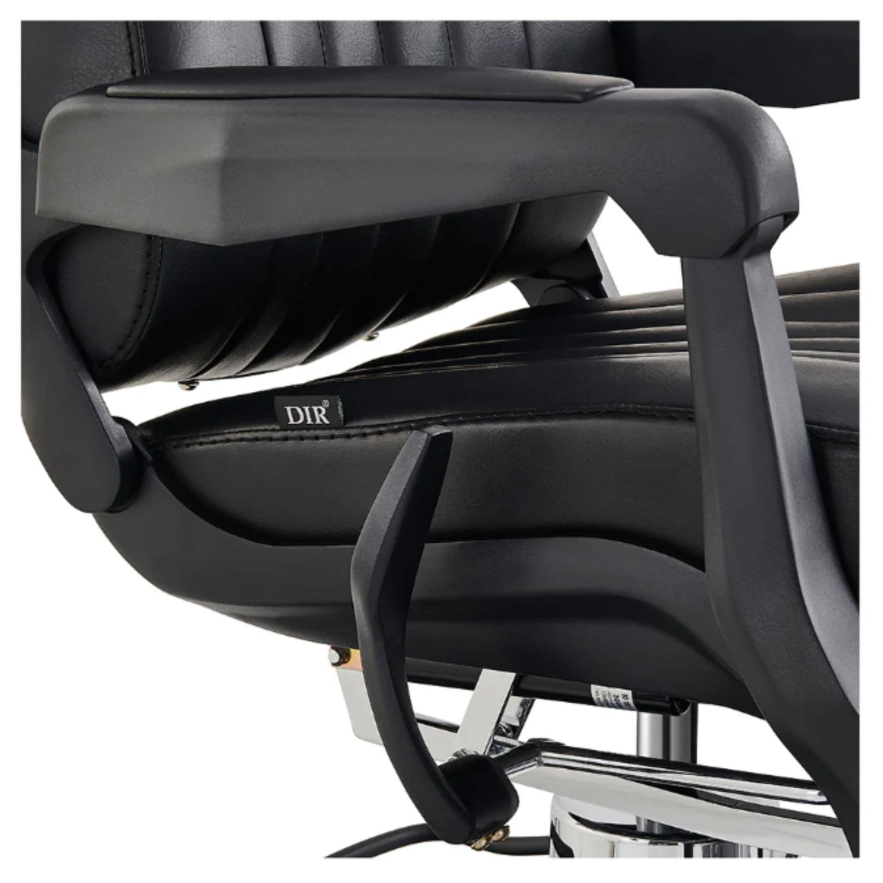 DIR Artura Contemporary Barbershop Chair Close-Up View Of Decorative Metallic Gold Armrest Support And Black Upholstered Seat
