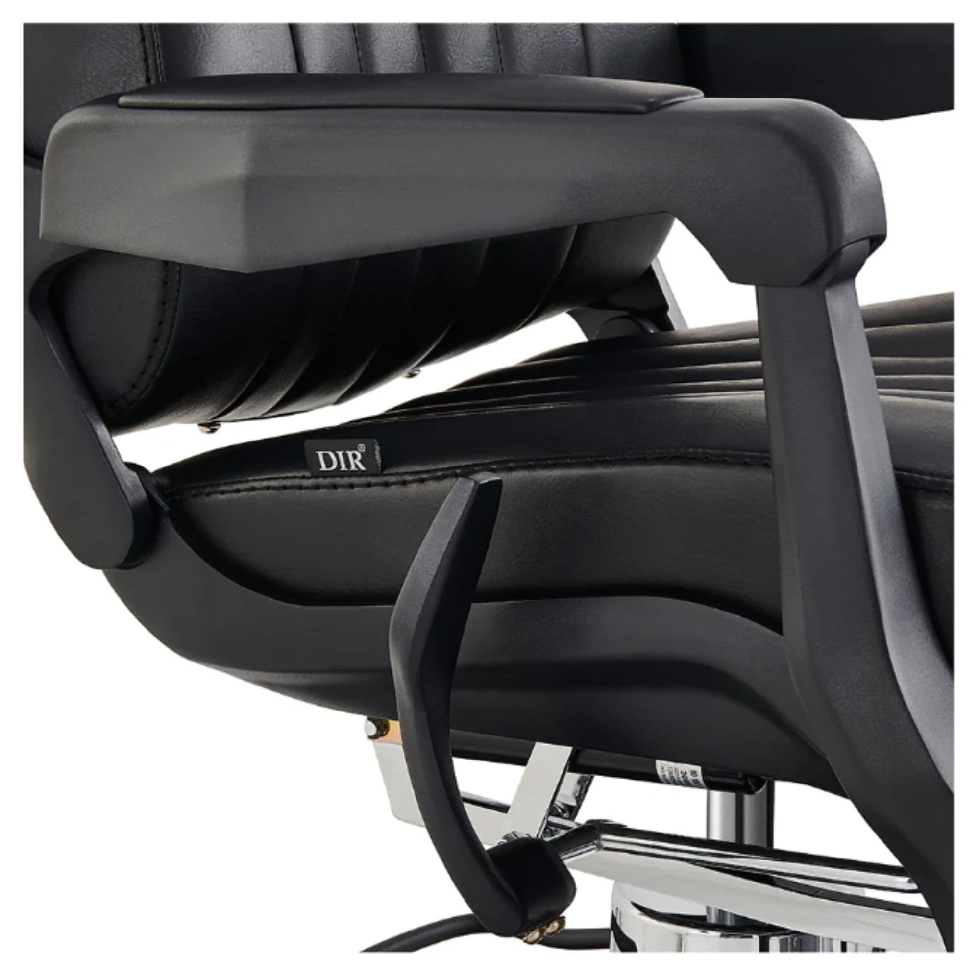 DIR Artura Contemporary Barbershop Chair Close-Up View Of Decorative Metallic Gold Armrest Support And Black Upholstered Seat