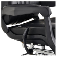 Thumbnail for DIR Artura Contemporary Barbershop Chair Close-Up View Of Decorative Metallic Gold Armrest Support And Black Upholstered Seat