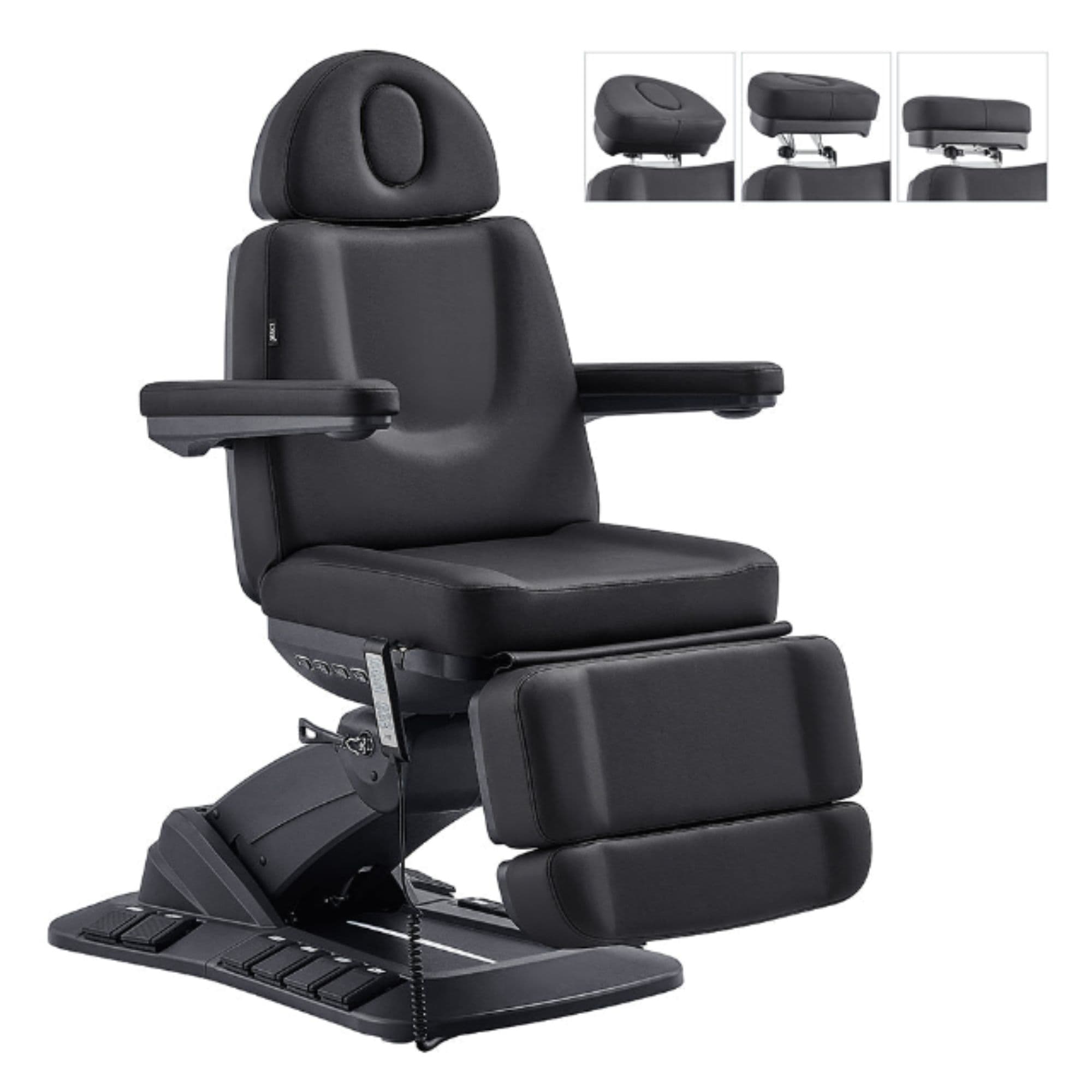 DIR Aurora 4-Motor Swivel Procedure Chair Black Front Angled Showing Multiple Headrest Position On White Background