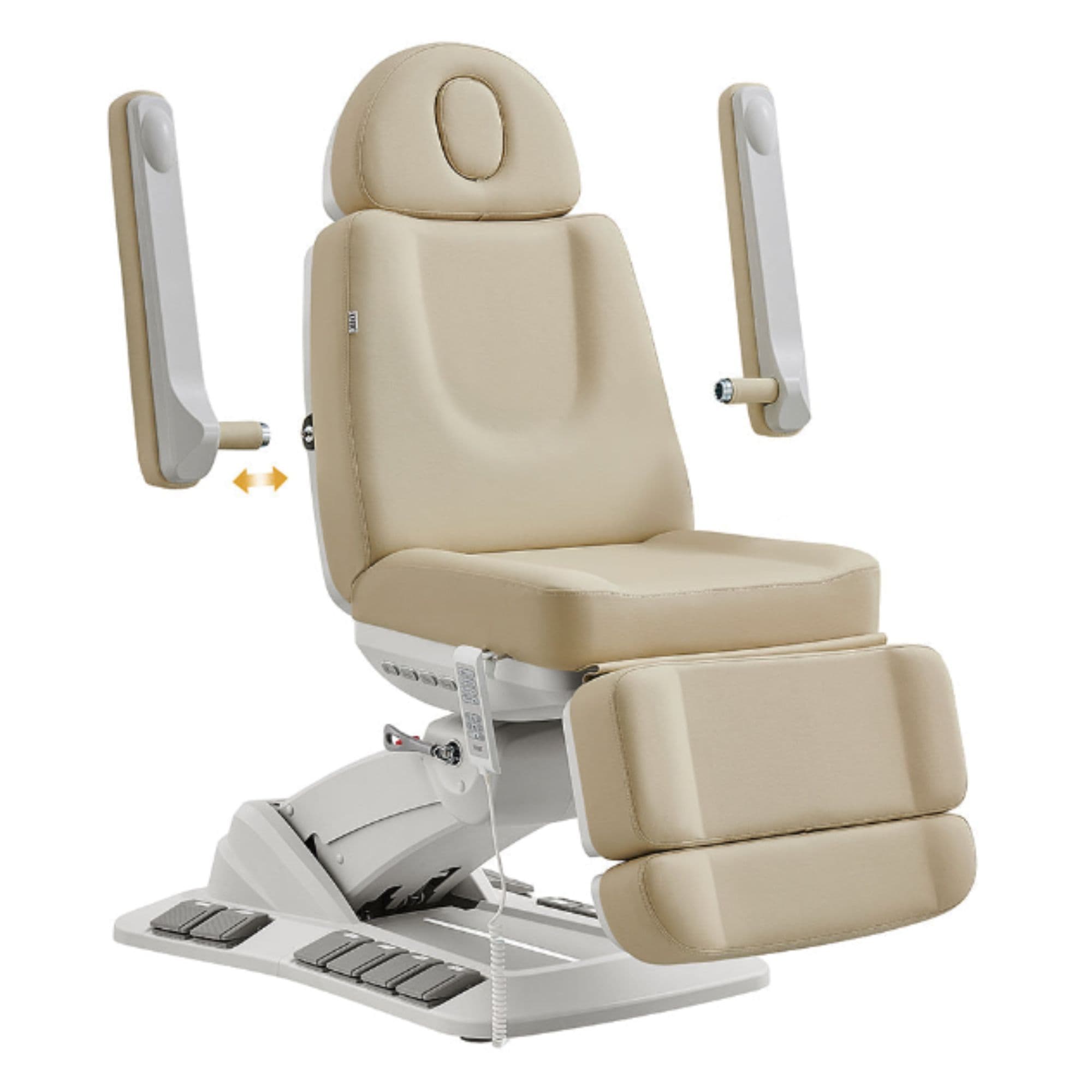 DIR Aurora 4-Motors Swivel Medical Procedure Chair Beige Angled View Demonstrating Detachable Armrest On White Background