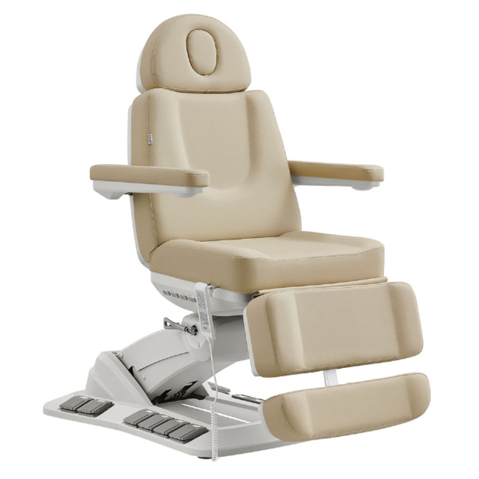 DIR Aurora 4-Motors Swivel Medical Procedure Chair Beige Front Angled View Demonstrating The Leg Rest Height Adjustment On White Background