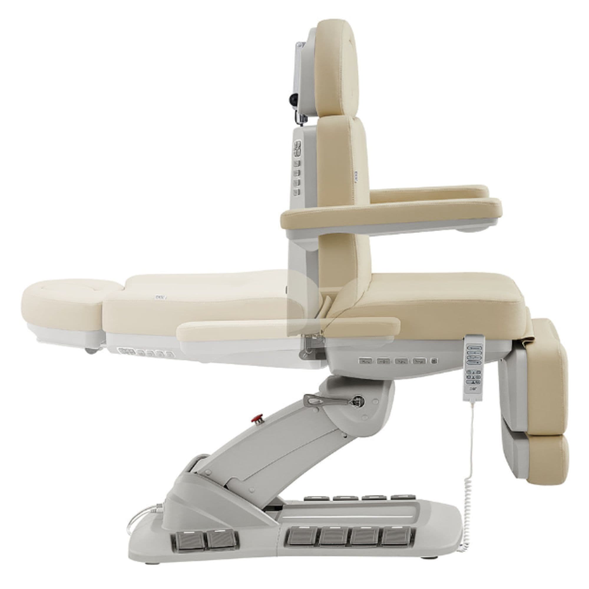 DIR Aurora 4-Motors Swivel Medical Procedure Chair Beige Side View Demonstrating Backrest Recline Adjustment Range On White Background