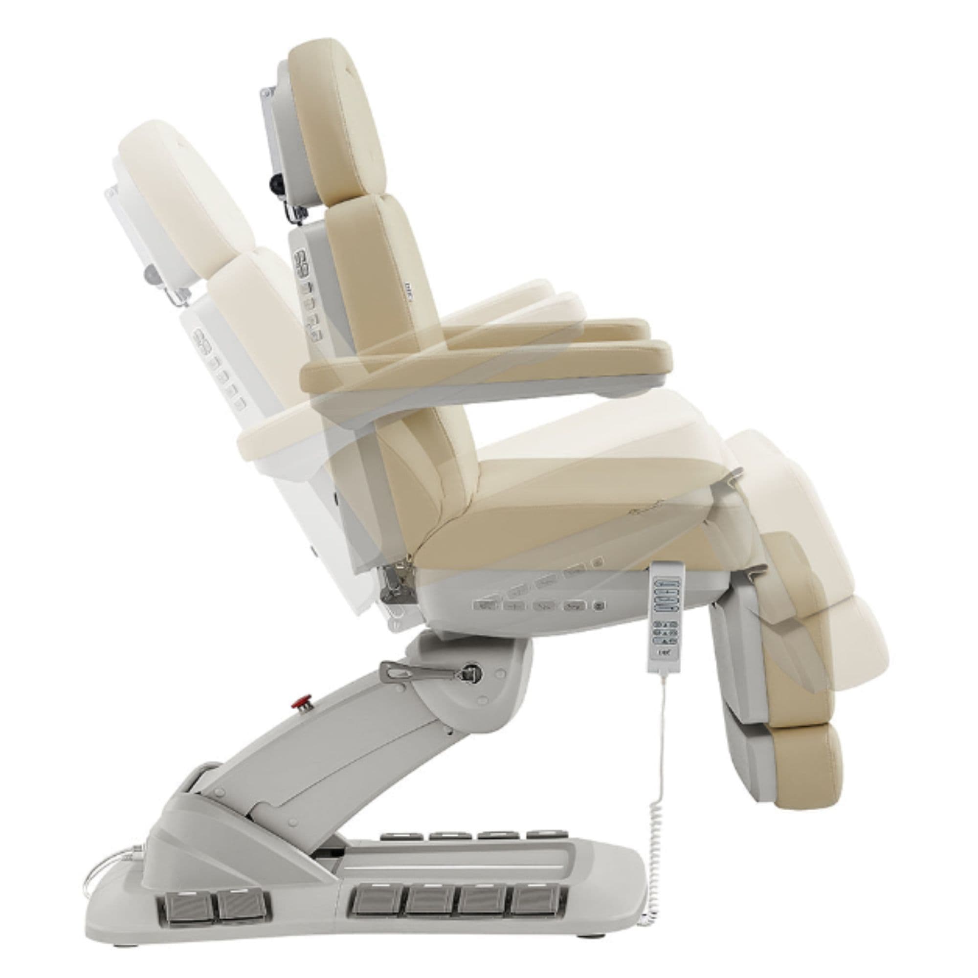 DIR Aurora 4-Motors Swivel Medical Procedure Chair Beige Side View Demonstrating Chair And Stirrup Adjustment Positions On White Background