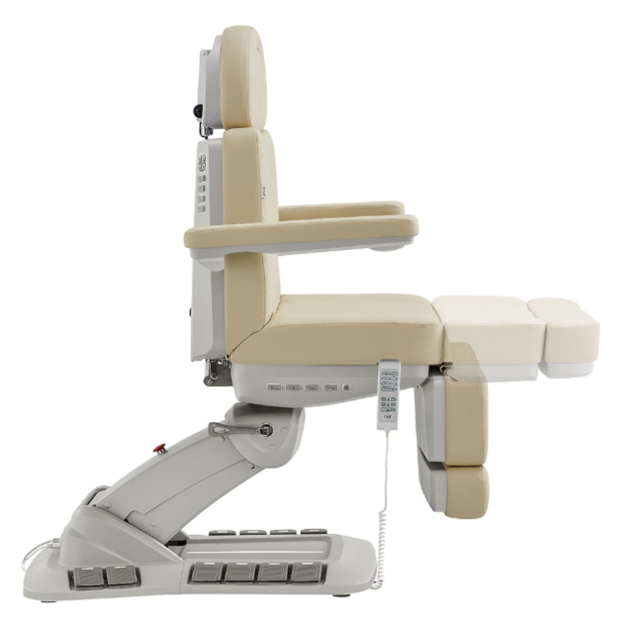 DIR Aurora 4-Motors Swivel Medical Procedure Chair Beige  Side View Demonstrating Leg Rest Recline Adjustment Range On White Background