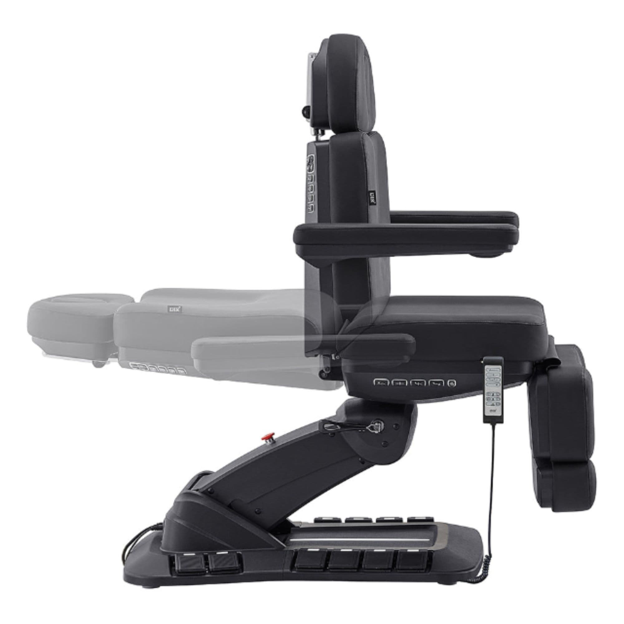DIR Aurora 4-Motors Swivel Medical Procedure Chair Black Side View Demonstrating Backrest Recline Adjustment Range On White Background