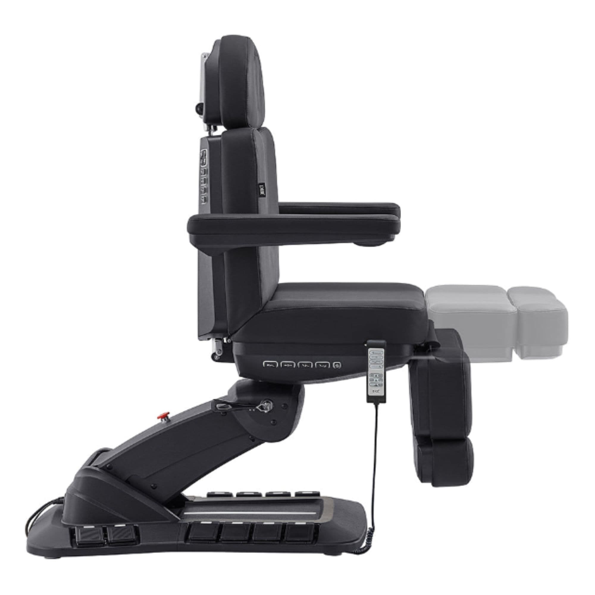 DIR Aurora 4-Motors Swivel Medical Procedure Chair Black Side View Demonstrating Leg Rest Recline Adjustment Range On White Background