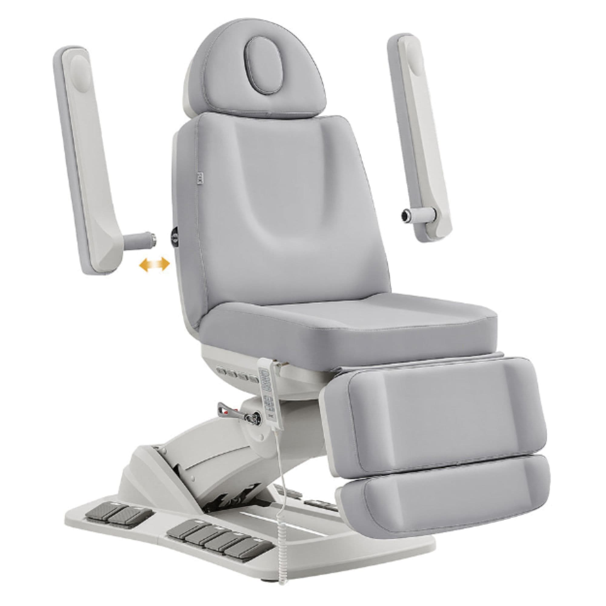 DIR Aurora 4-Motors Swivel Medical Procedure Chair Gray Angled View Demonstrating Detachable Armrest On White Background