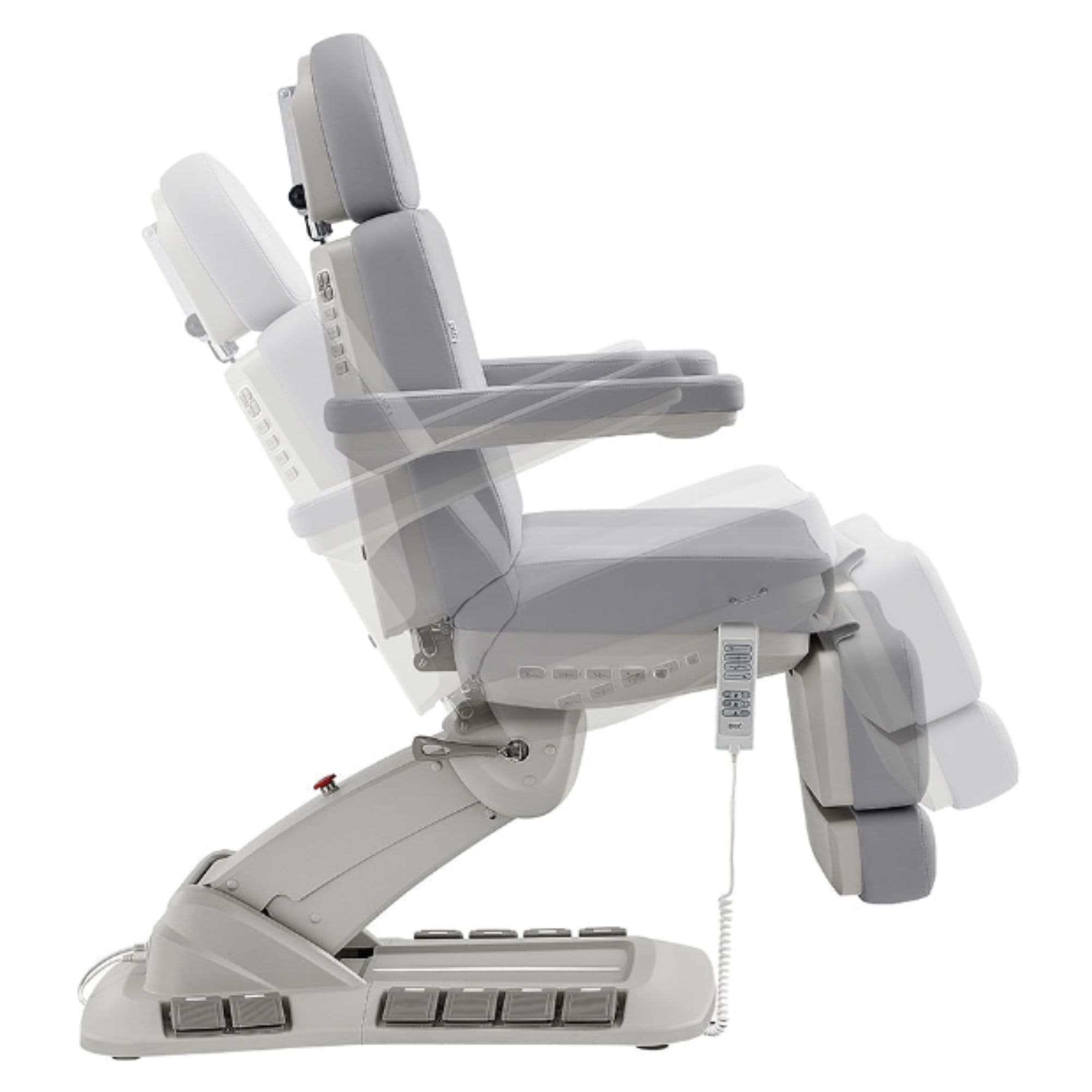 DIR Aurora 4-Motors Swivel Medical Procedure Chair Gray Side View Demonstrating Chair And Stirrup Adjustment Positions On White Background