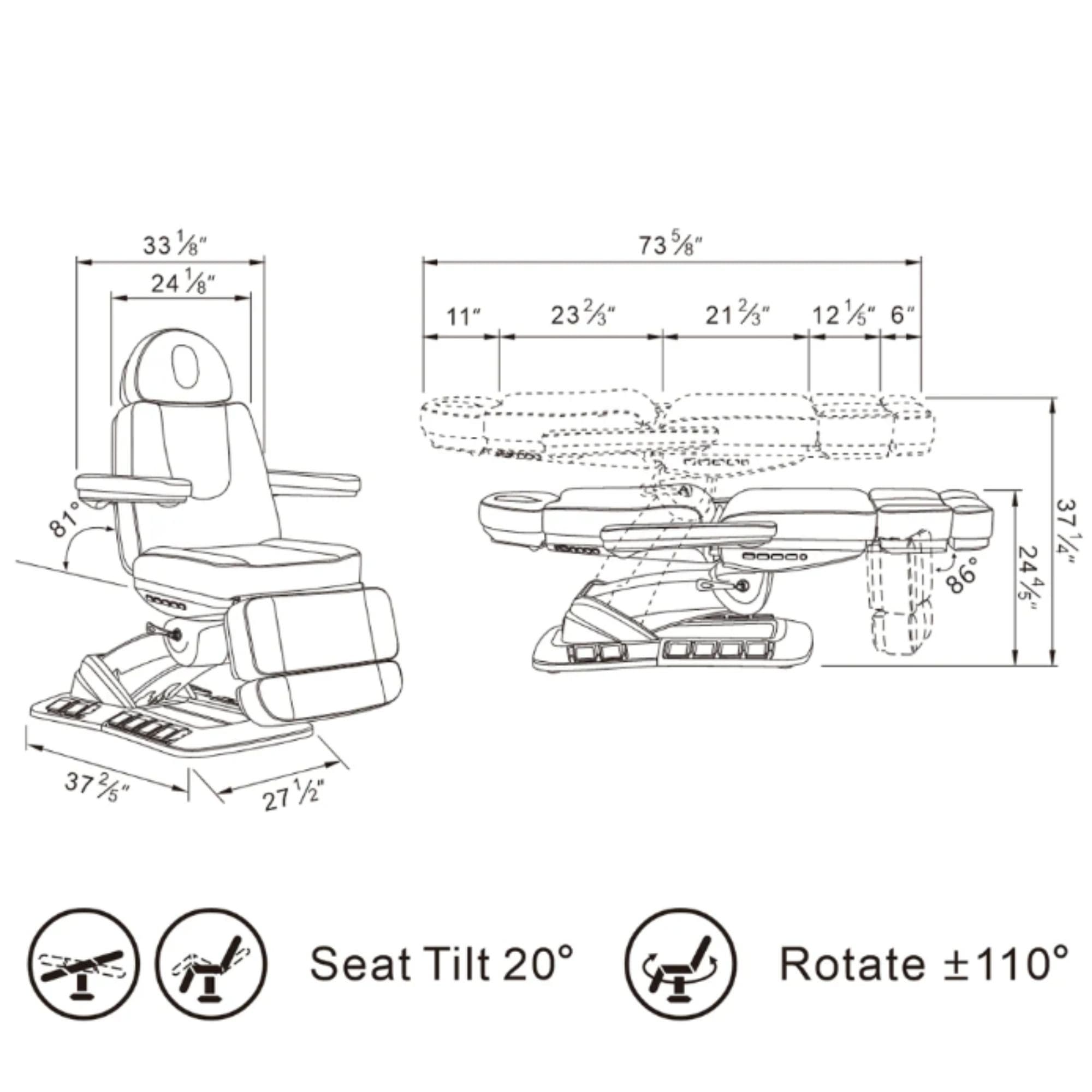 DIR Aurora 4-Motors Swivel Medical Procedure Chair Product Dimension Diagram