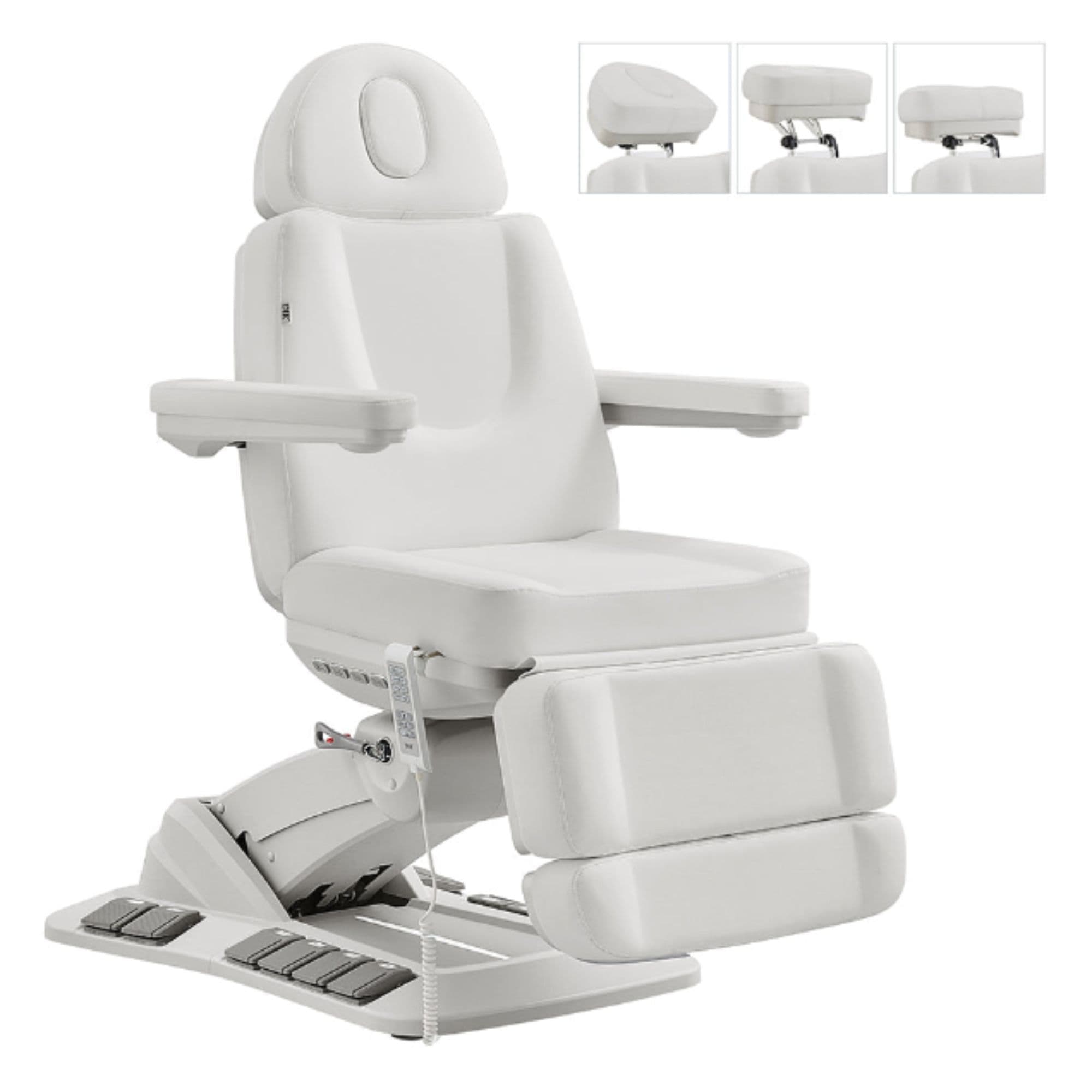 DIR Aurora 4-Motors Swivel Medical Procedure Chair White Front Angled Showing Multiple Headrest Position On White Background