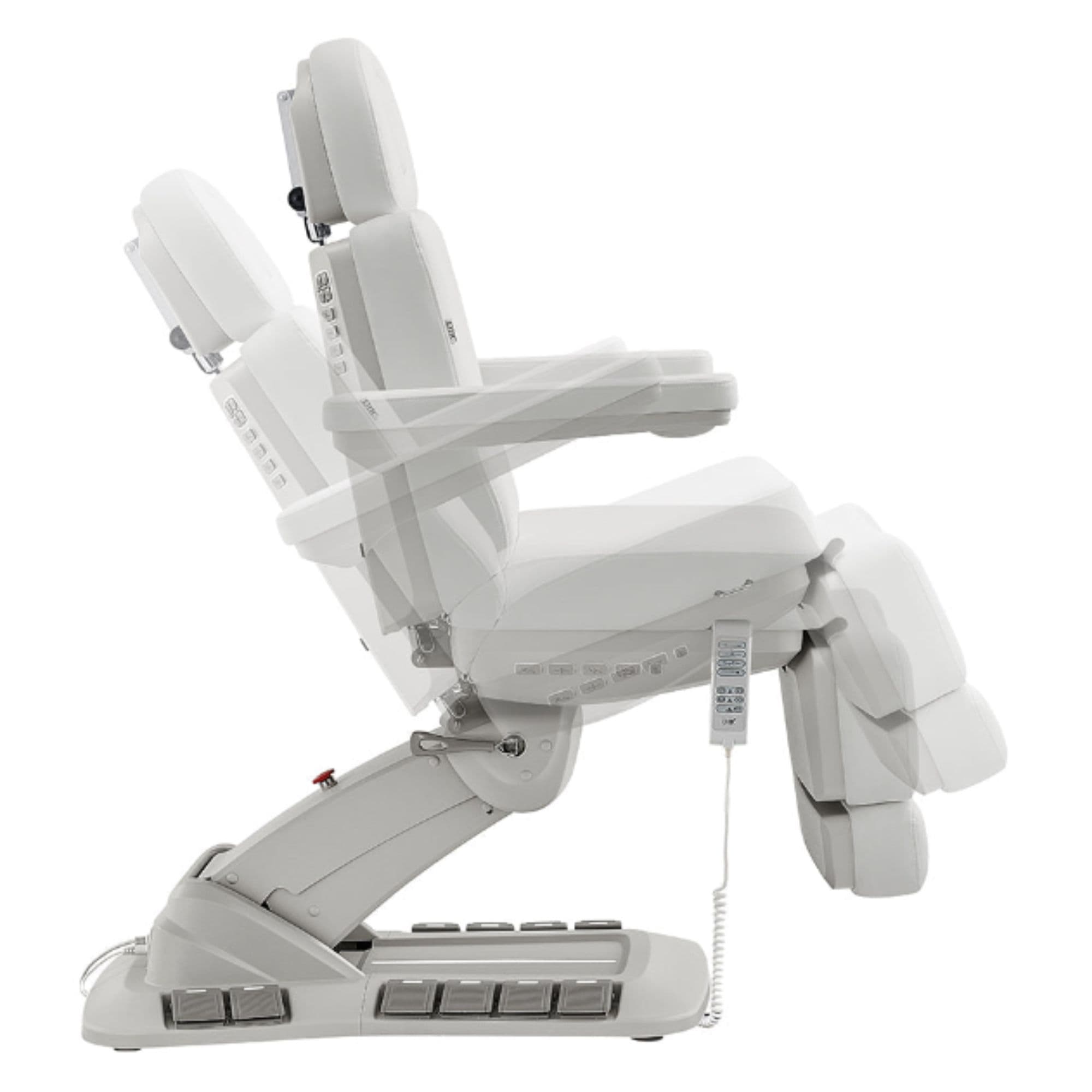 DIR Aurora 4-Motors Swivel Medical Procedure Chair White Side View Demonstrating Chair And Stirrup Adjustment Positions On White Background