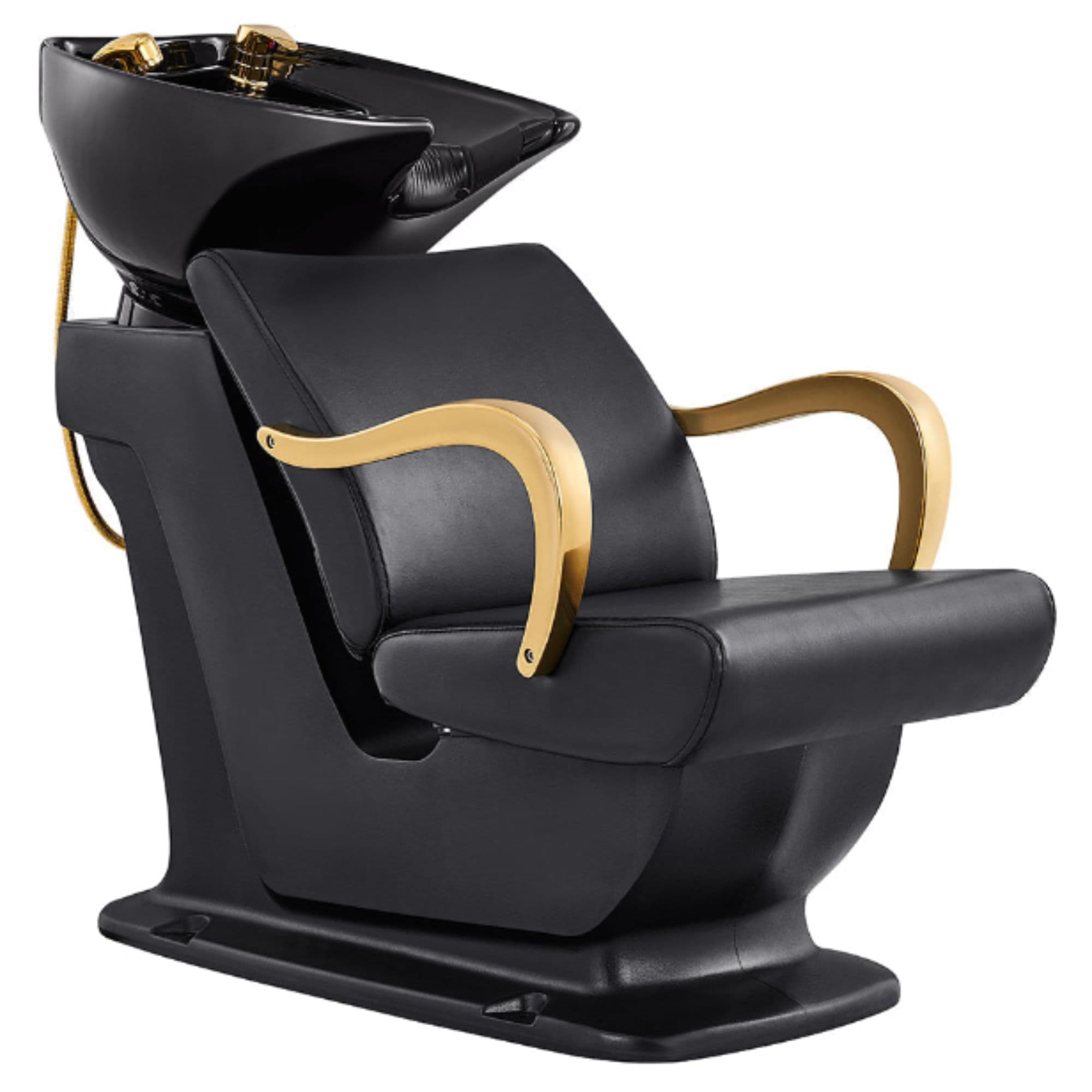 DIR Beckman Gold Adjustable Shampoo Chair Black Front Angled View With  Black Single Wash Sink On Clean Background