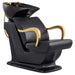DIR Beckman Gold Adjustable Shampoo Chair Black Front Angled View With  Black Single Wash Sink On Clean Background