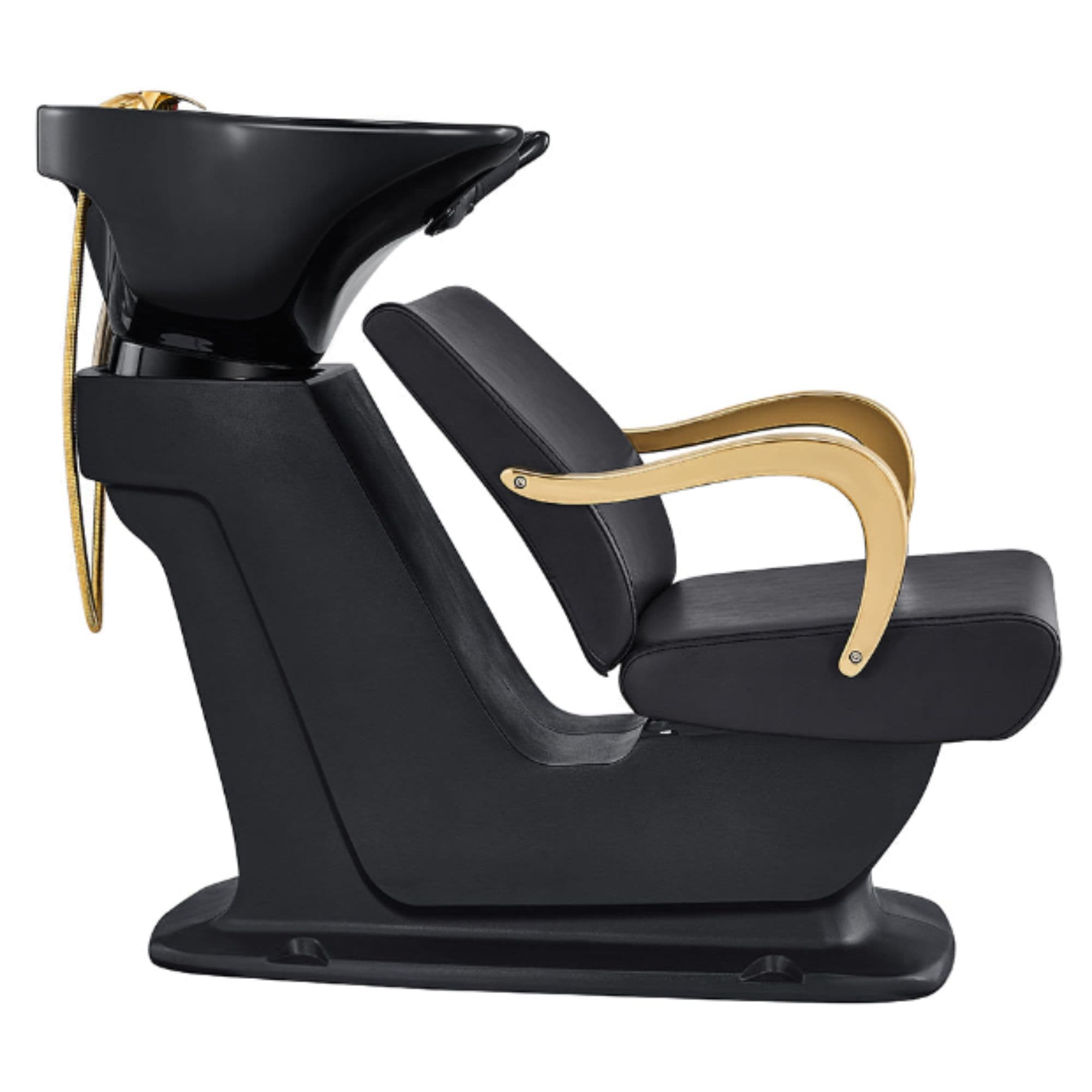 DIR Beckman Gold Adjustable Shampoo Chair Black Side View With  Black Single Wash Sink On Clean Background