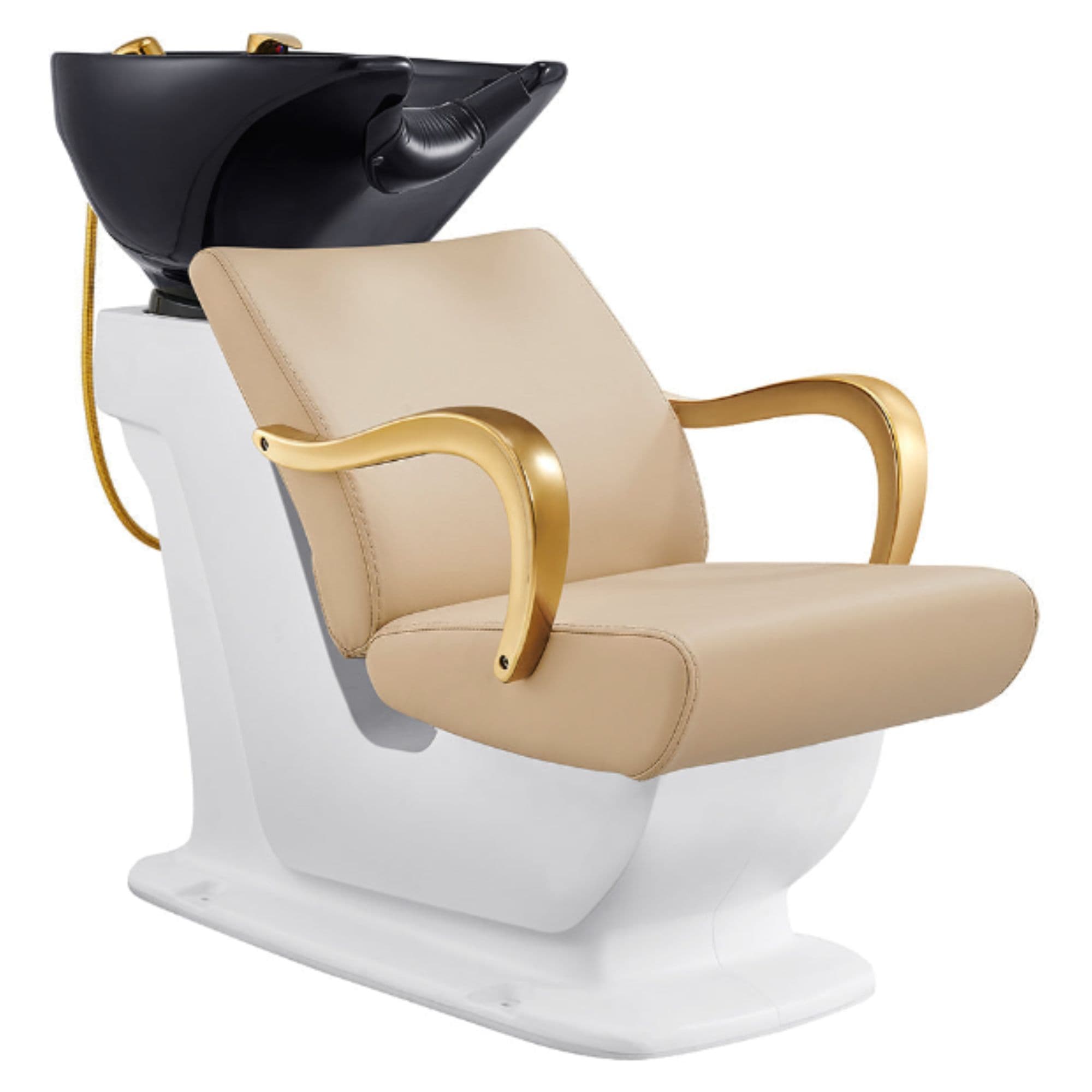DIR Beckman Gold Shampoo Chair with Adjustable Seat Beige Front Angled View With Black Single Sink On White Background