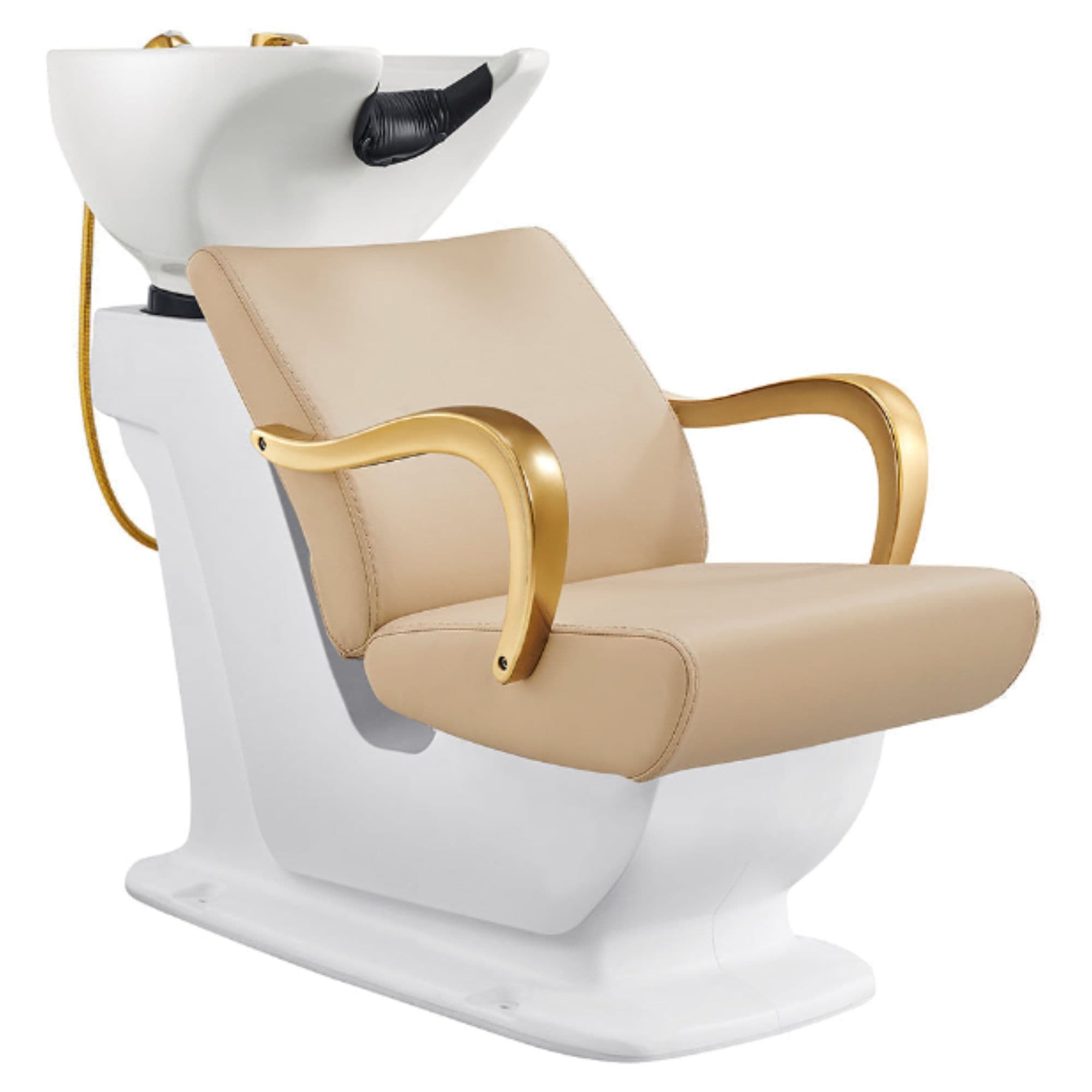 DIR Beckman Gold Shampoo Chair with Adjustable Seat Beige Front Angled View With White Single Sink On White Background