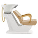 DIR Beckman Gold Shampoo Chair with Adjustable Seat Beige Side View With White Single Sink On White Background