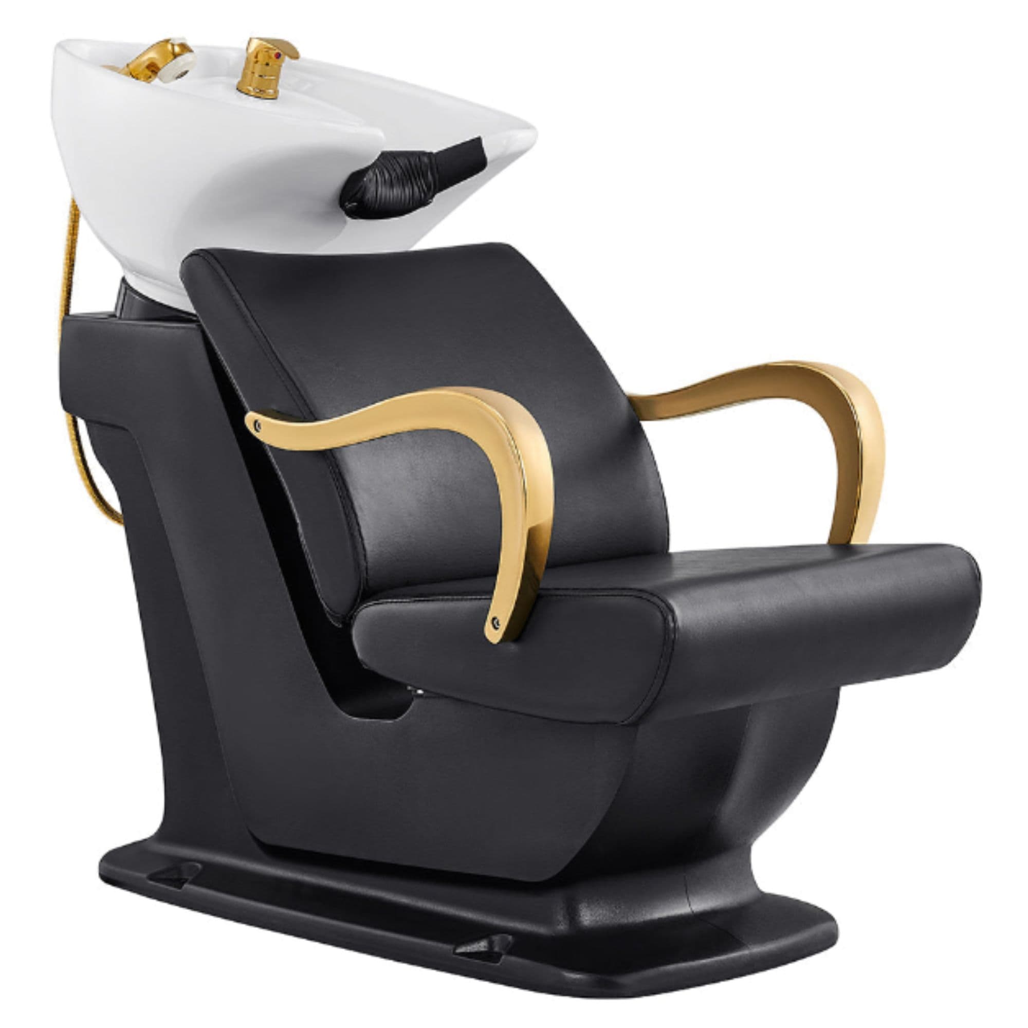 DIR Beckman Gold Shampoo Chair with Adjustable Seat Black Front Angled View With  White Single Wash Sink On Clean Background