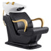 DIR Beckman Gold Shampoo Chair with Adjustable Seat Black Front Angled View With  White Single Wash Sink On Clean Background