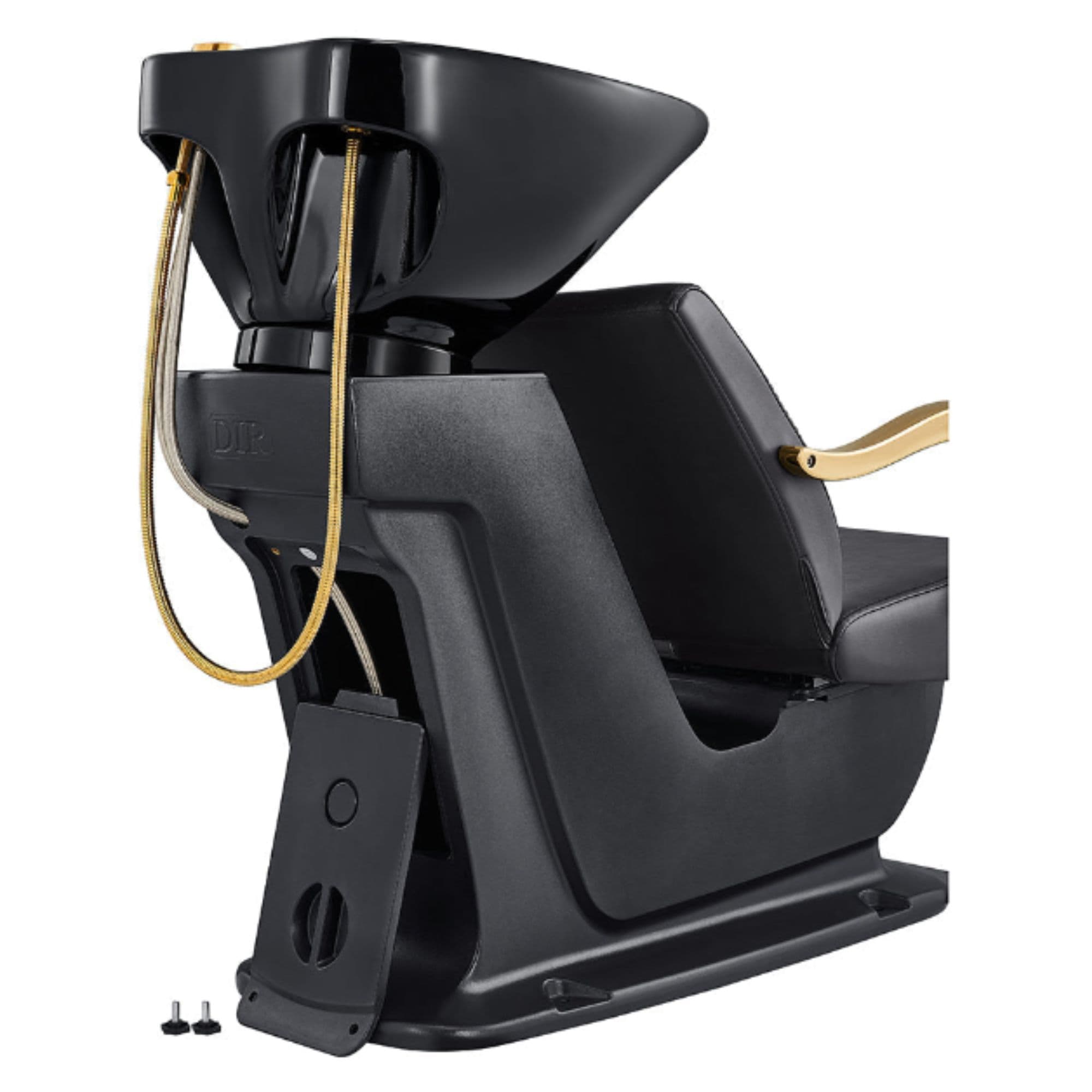 DIR Beckman Gold Shampoo Chair with Adjustable Seat Black Rear View With Black Single Sink Station Assembly