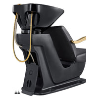Thumbnail for DIR Beckman Gold Shampoo Chair with Adjustable Seat Black Rear View With Black Single Sink Station Assembly
