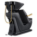 DIR Beckman Gold Shampoo Chair with Adjustable Seat Black Rear View With Black Single Sink Station Assembly