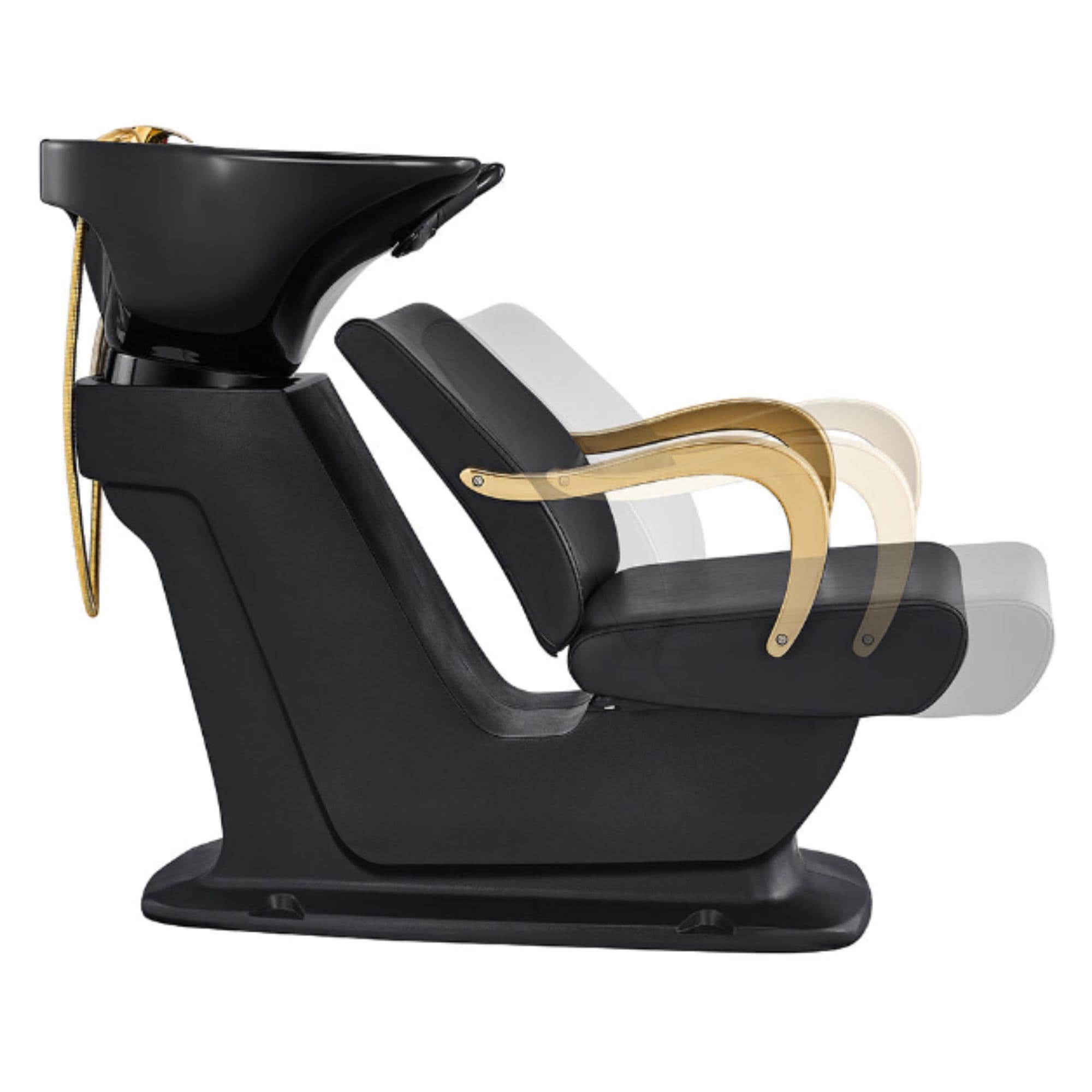 DIR Beckman Gold Shampoo Chair with Adjustable Seat Black Side View With Black Single Sink  Station And Seat Demonstration